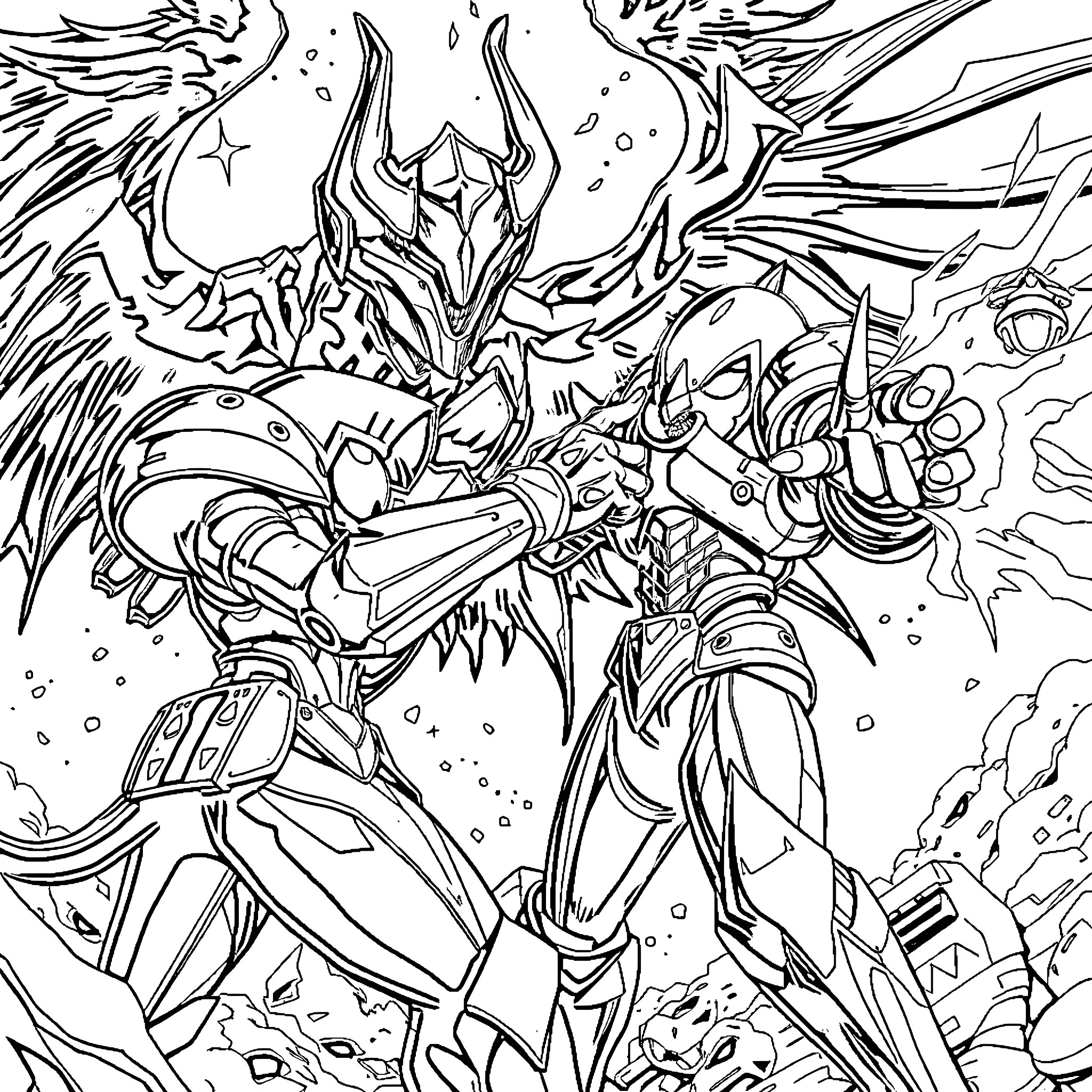 Samus Aran in Futuristic Sci-Fi Battle Pose Coloring Page (free black-and-white line drawing printable PDF for all, from beginners to advanced learners, including children, teens, adults, and seniors)