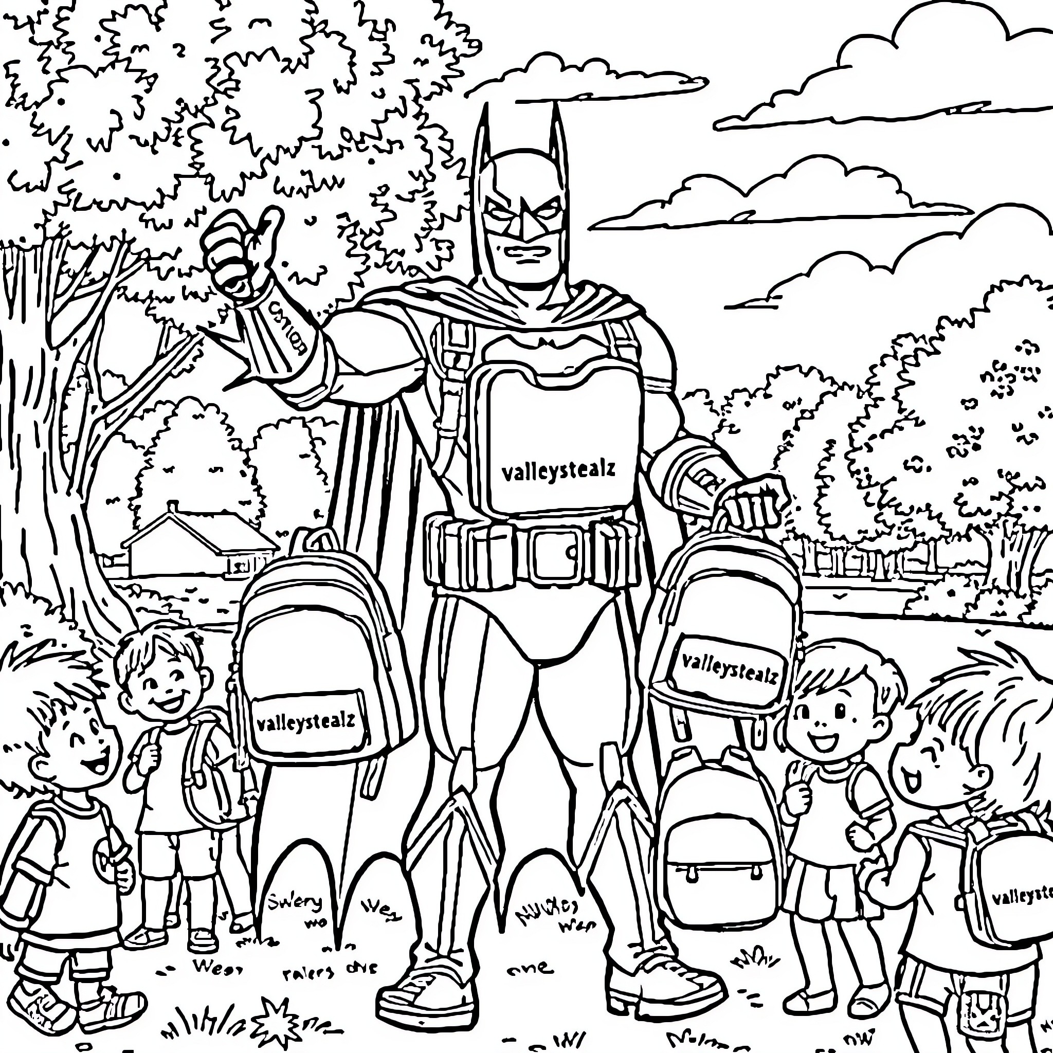 Batman Interacts with Excited Children in Nature Coloring Page (free black-and-white line drawing printable PDF for all, from beginners to advanced learners, including children, teens, adults, and seniors)