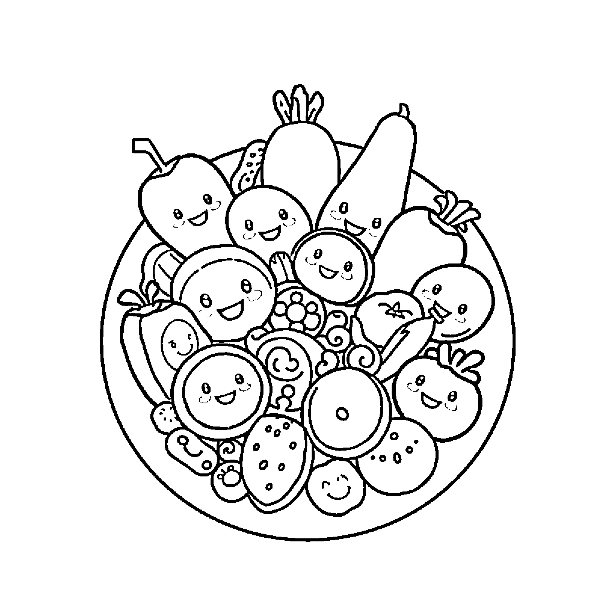 Food fun with friendly fruits and veggies Coloring Page (free black-and-white line drawing printable PDF for all, from beginners to advanced learners, including children, teens, adults, and seniors)