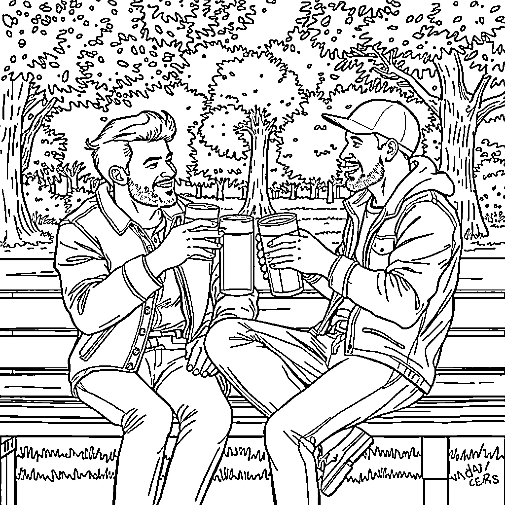 Guy friends having drinks and conversation outdoors Coloring Page (free black-and-white line drawing printable PDF for all, from beginners to advanced learners, including children, teens, adults, and seniors)