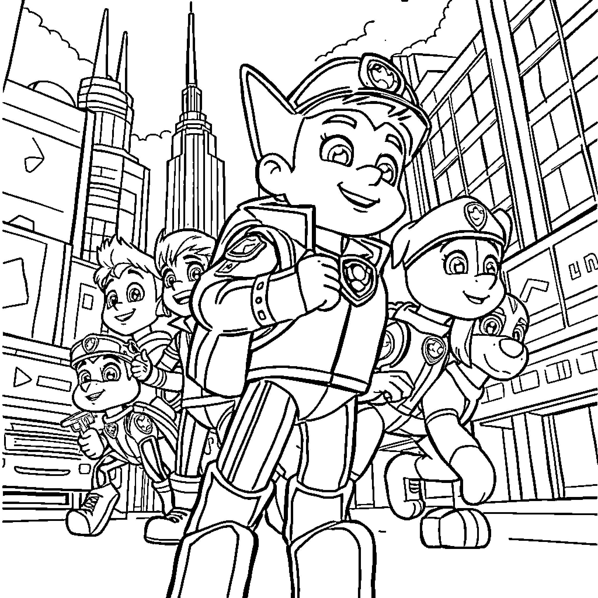 Patrol Pups Saving the City Coloring Page (free black-and-white line drawing printable PDF for all, from beginners to advanced learners, including children, teens, adults, and seniors)