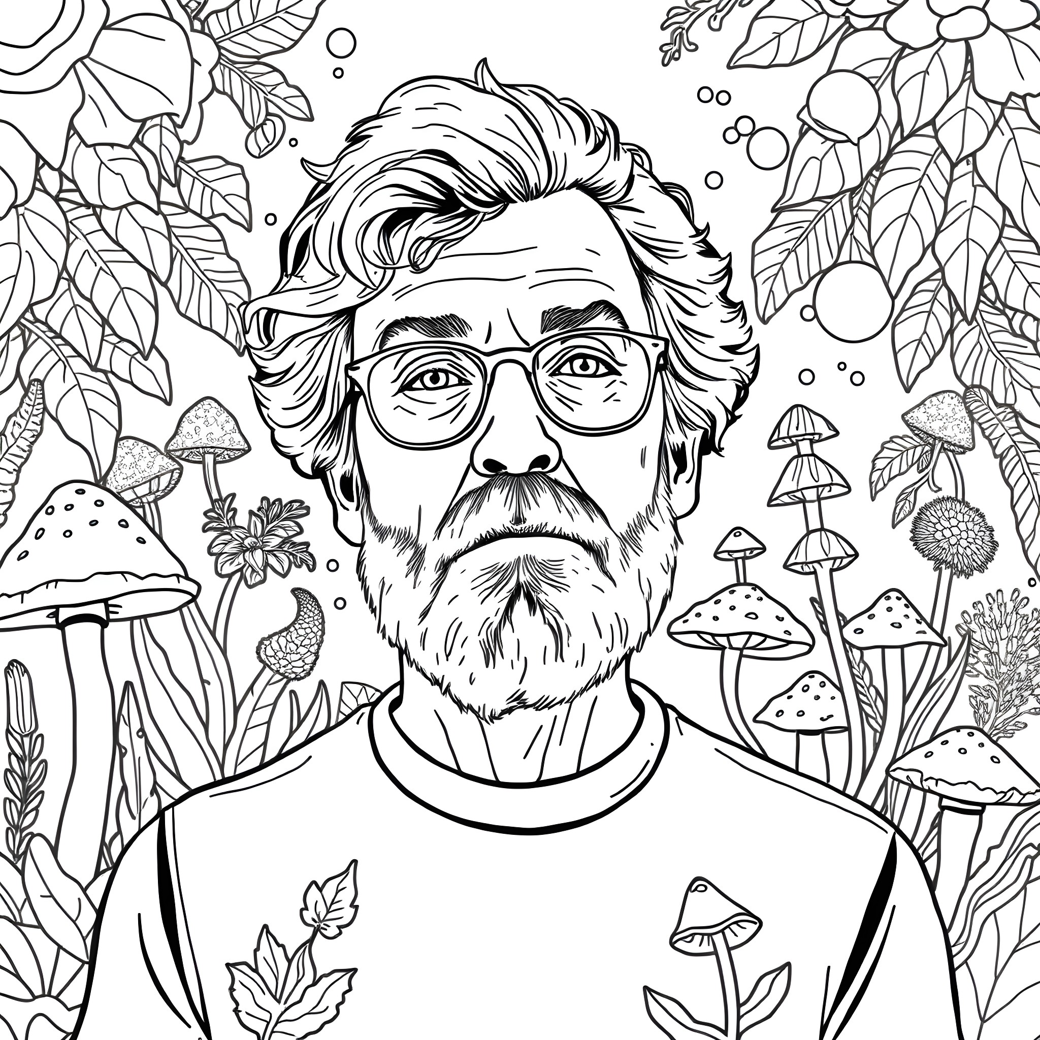 Terence McKenna surrounded by nature's wonder Coloring Page (free black-and-white line drawing printable PDF for all, from beginners to advanced learners, including children, teens, adults, and seniors)