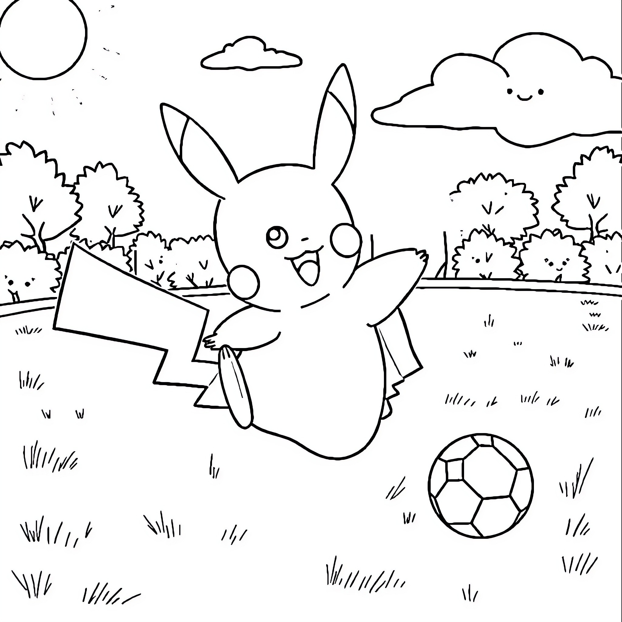 Pikachu playing cheerfully with a soccer ball in the park Coloring Page (free black-and-white line drawing printable PDF for all, from beginners to advanced learners, including children, teens, adults, and seniors)