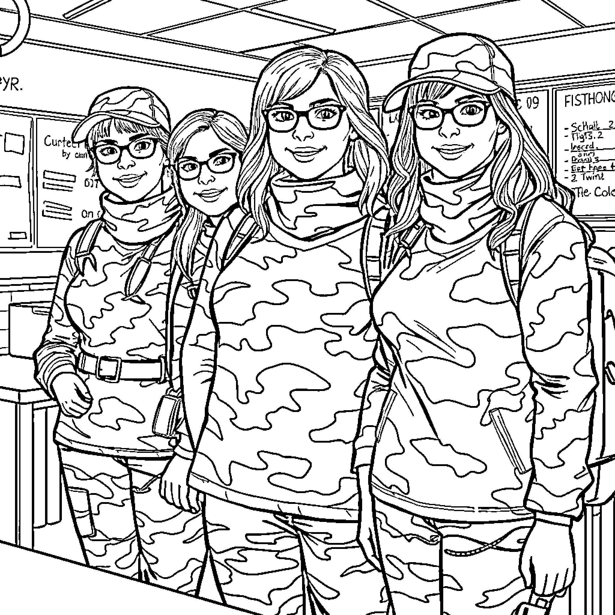 Teacher posing with students in military-style uniforms Coloring Page (free black-and-white line drawing printable PDF for all, from beginners to advanced learners, including children, teens, adults, and seniors)