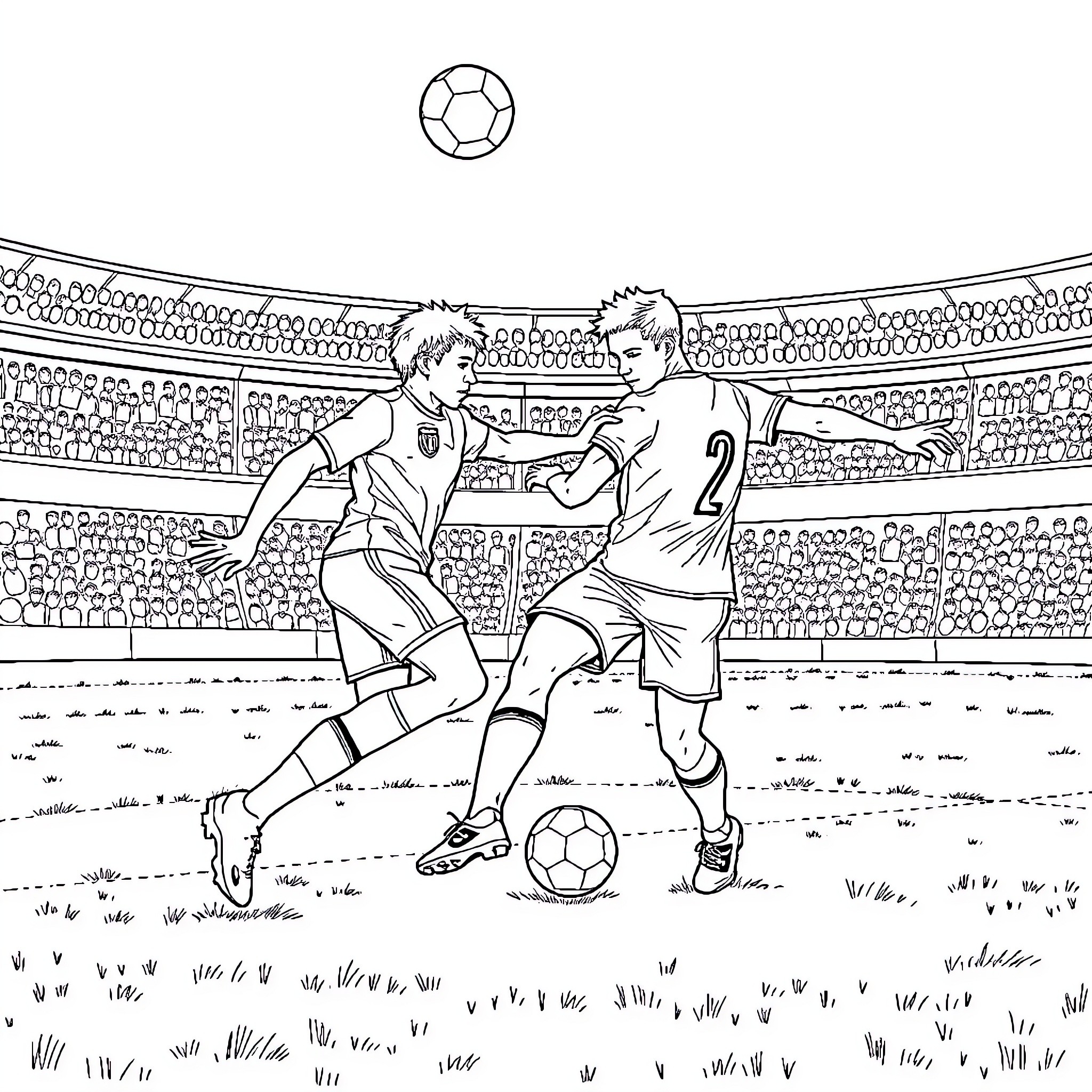 Joueurs en action sur le terrain de football Coloring Page (free black-and-white line drawing printable PDF for all, from beginners to advanced learners, including children, teens, adults, and seniors)