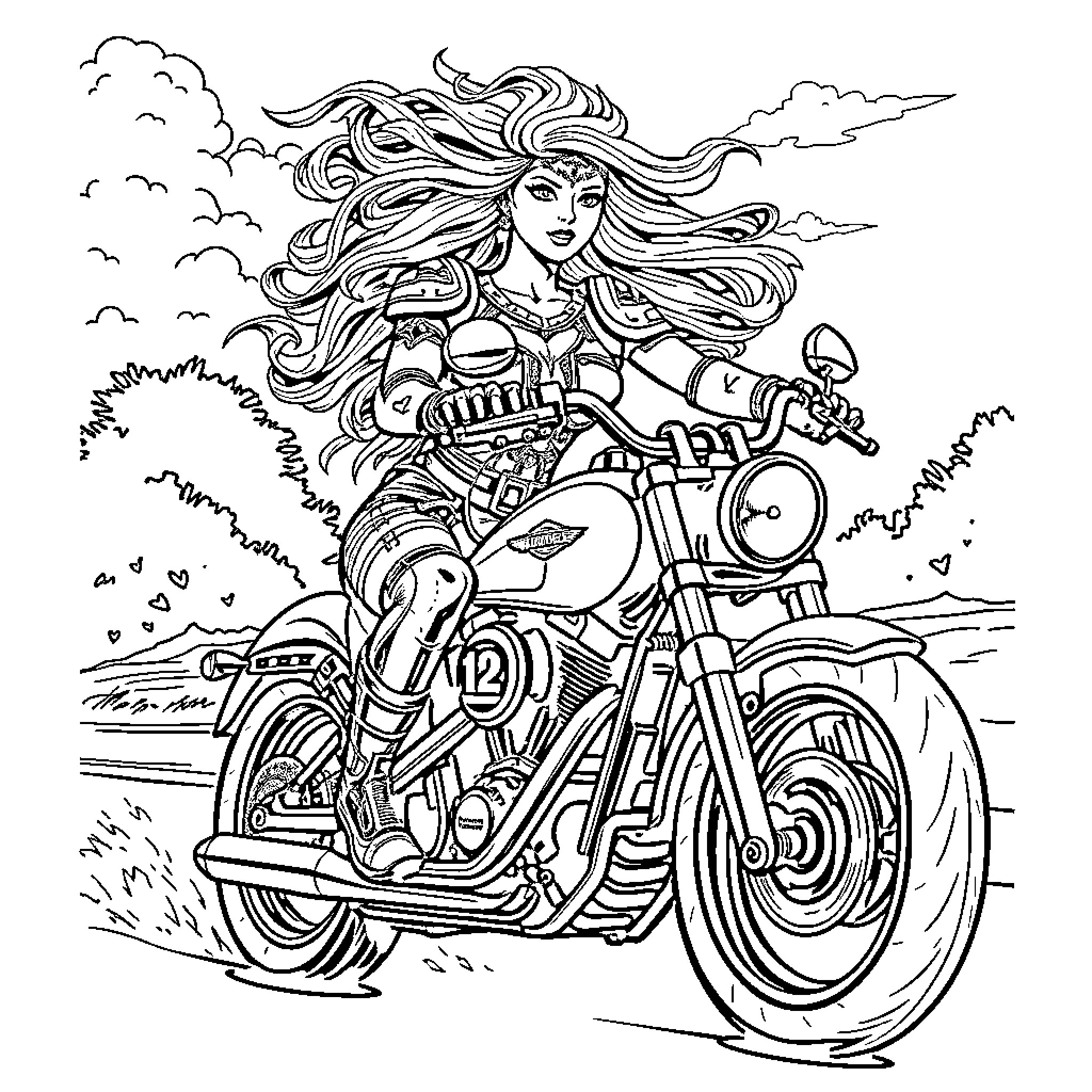 Shaka riding a powerful motorcycle on the open road Coloring Page (free black-and-white line drawing printable PDF for all, from beginners to advanced learners, including children, teens, adults, and seniors)