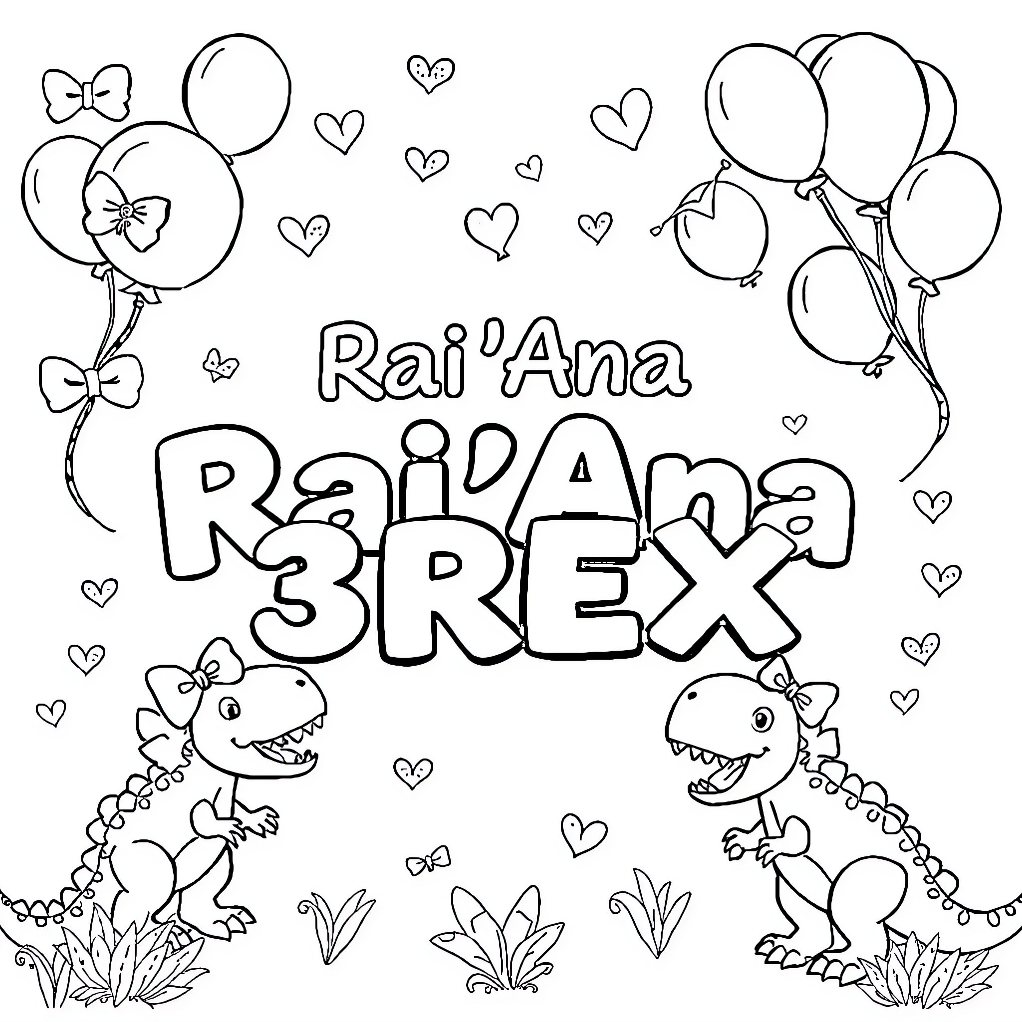 Dinosaurs playing happily with balloons and hearts Coloring Page (free black-and-white line drawing printable PDF for all, from beginners to advanced learners, including children, teens, adults, and seniors)