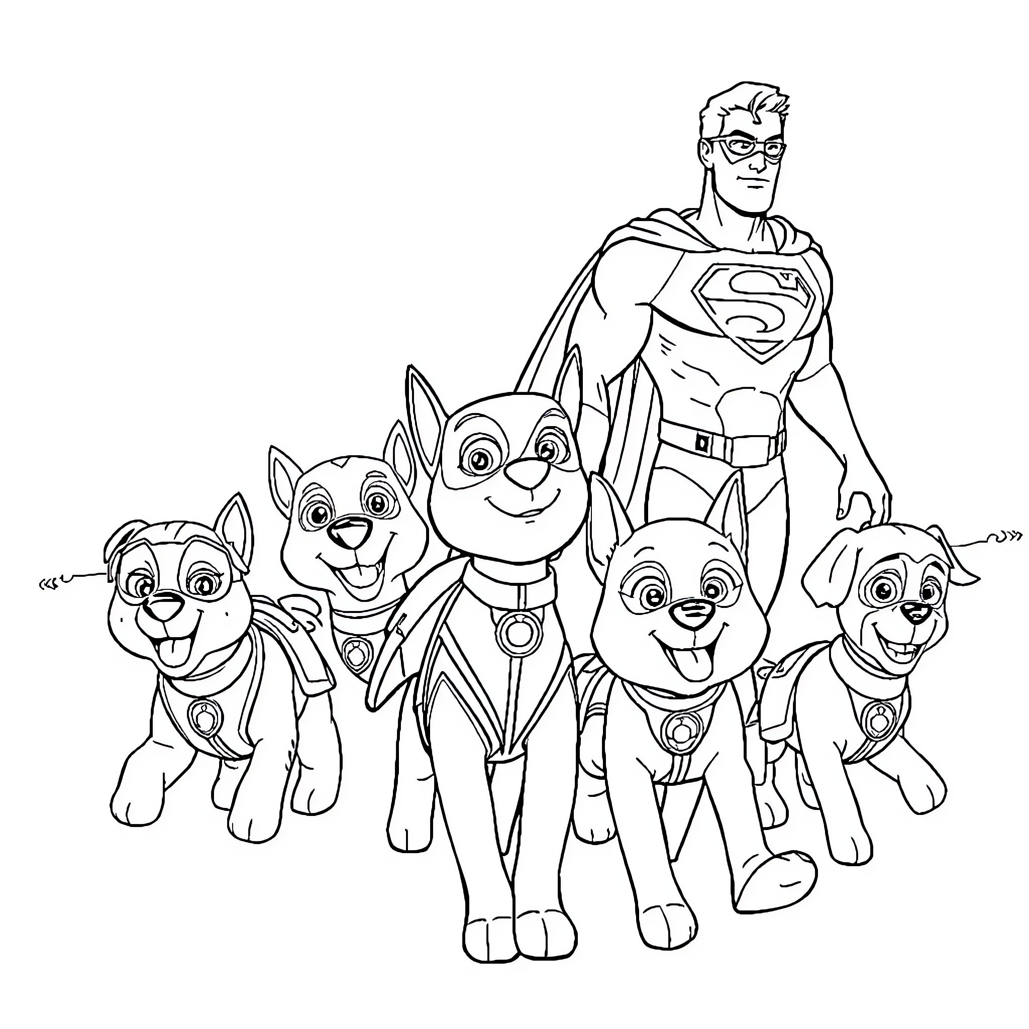 Superman with Superhero Puppies on Adventure Coloring Page (free black-and-white line drawing printable PDF for all, from beginners to advanced learners, including children, teens, adults, and seniors)