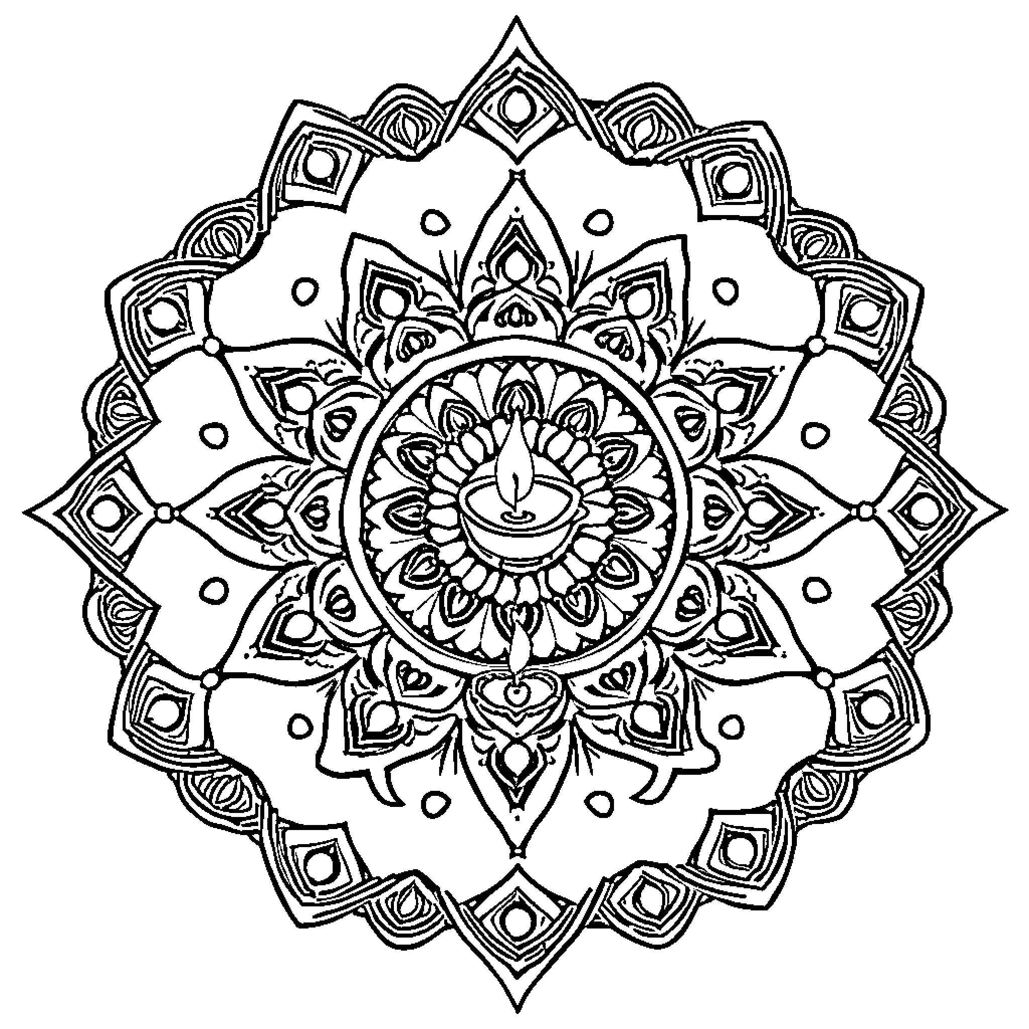 Rangoli pattern with intricate floral design Coloring Page (free black-and-white line drawing printable PDF for all, from beginners to advanced learners, including children, teens, adults, and seniors)