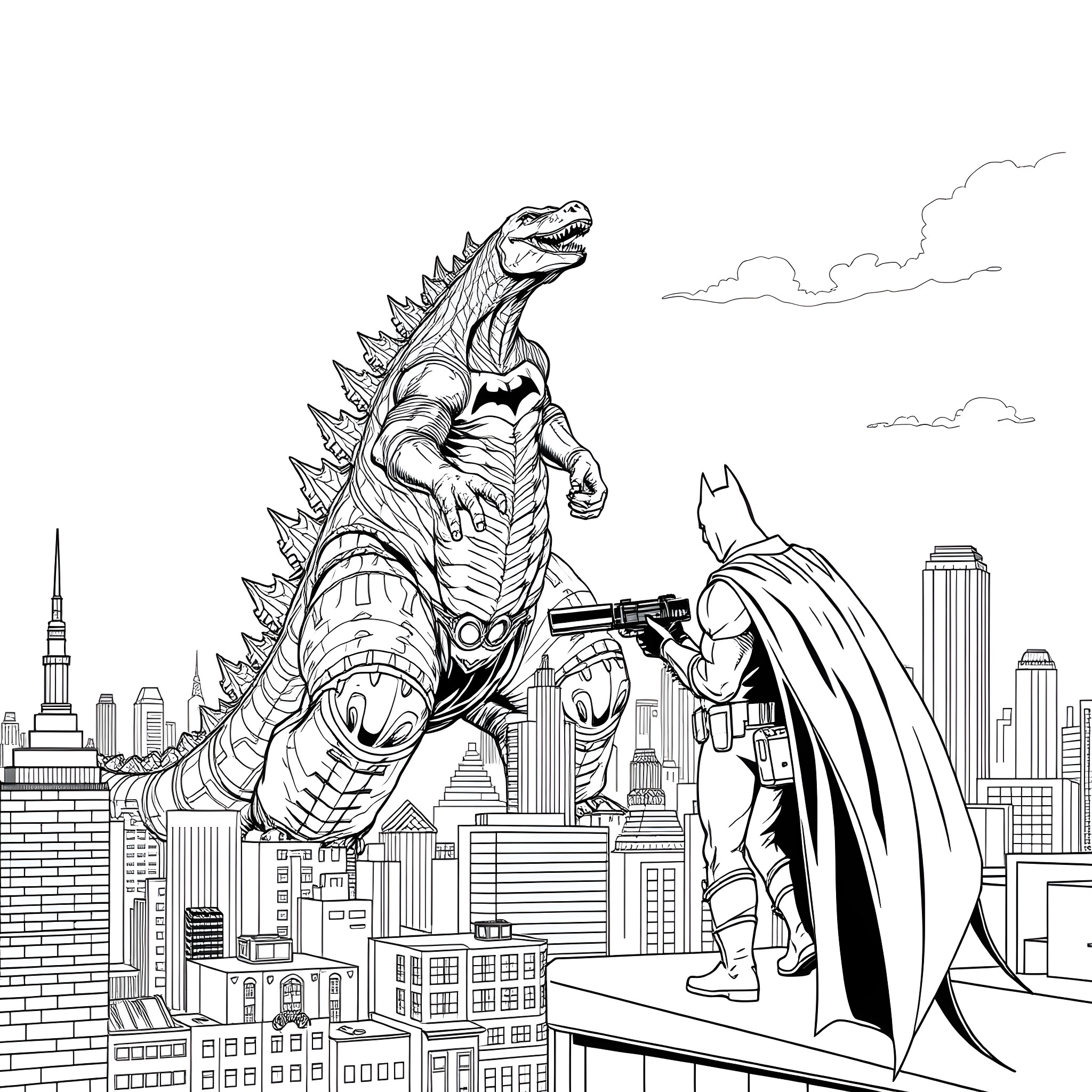 Godzilla confronts Batman in the city Coloring Page (free black-and-white line drawing printable PDF for all, from beginners to advanced learners, including children, teens, adults, and seniors)