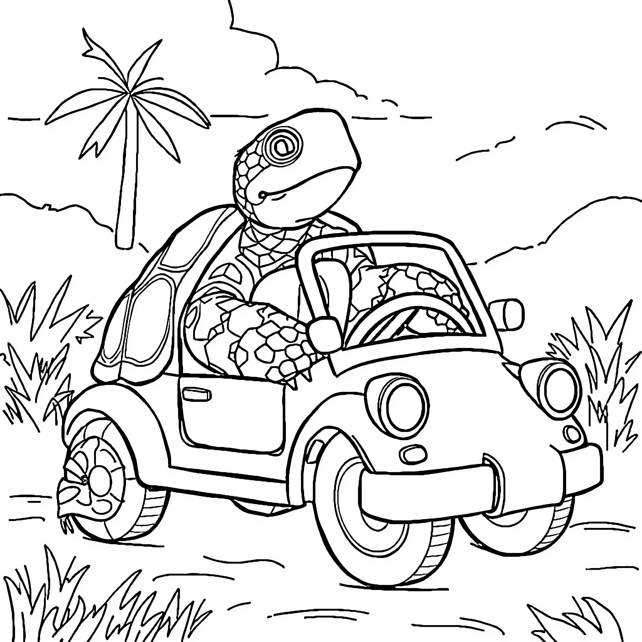 Tortuga drives tropical adventure buggy Coloring Page (free black-and-white line drawing printable PDF for all, from beginners to advanced learners, including children, teens, adults, and seniors)