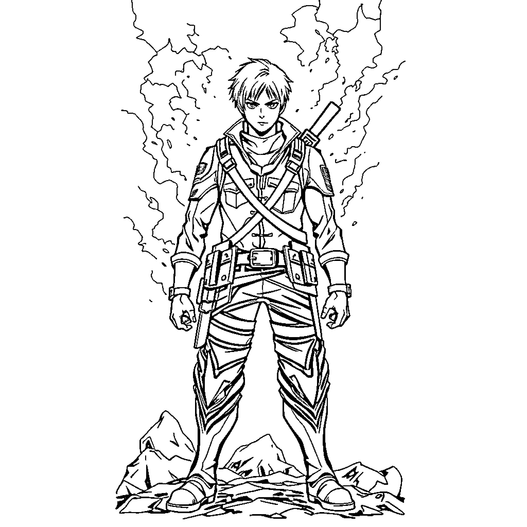 Armin, the Brave Soldier Amid Stormy Skies Coloring Page (free black-and-white line drawing printable PDF for all, from beginners to advanced learners, including children, teens, adults, and seniors)