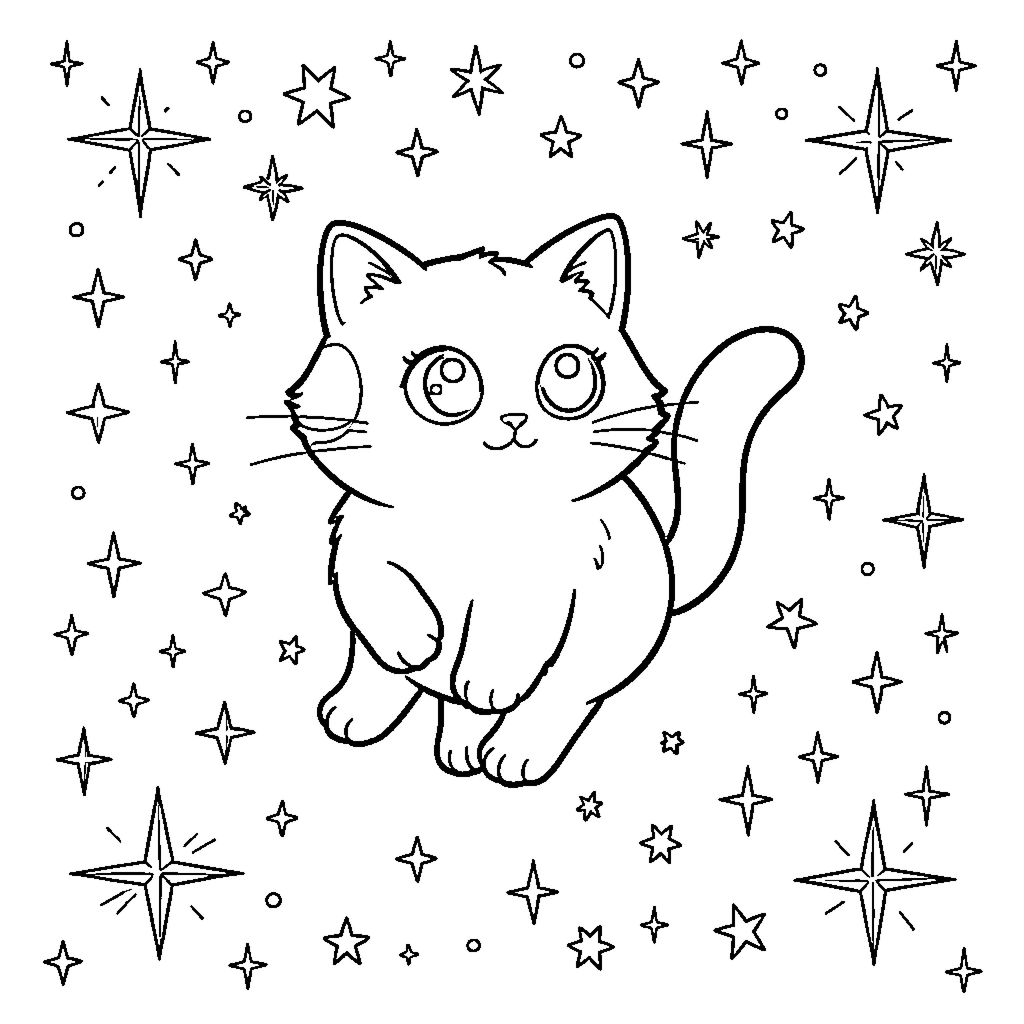 Cat amidst twinkling stars Coloring Page (free black-and-white line drawing printable PDF for all, from beginners to advanced learners, including children, teens, adults, and seniors)
