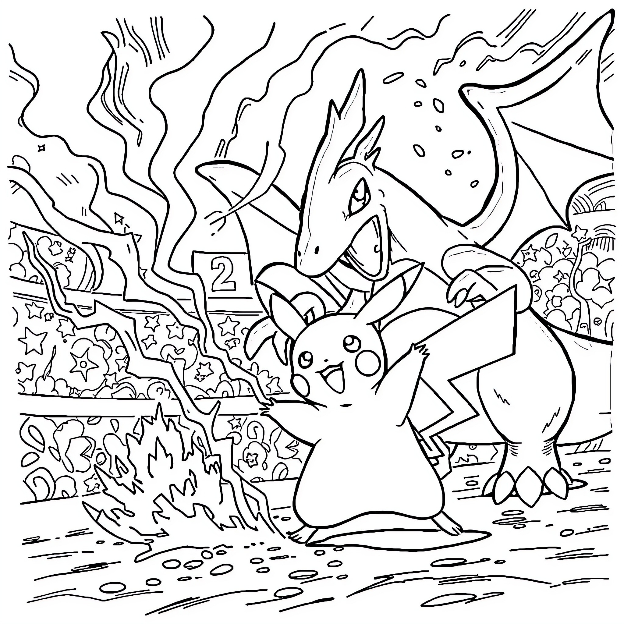 Pikachu and Gyarados in Lively Interaction Coloring Page (free black-and-white line drawing printable PDF for all, from beginners to advanced learners, including children, teens, adults, and seniors)