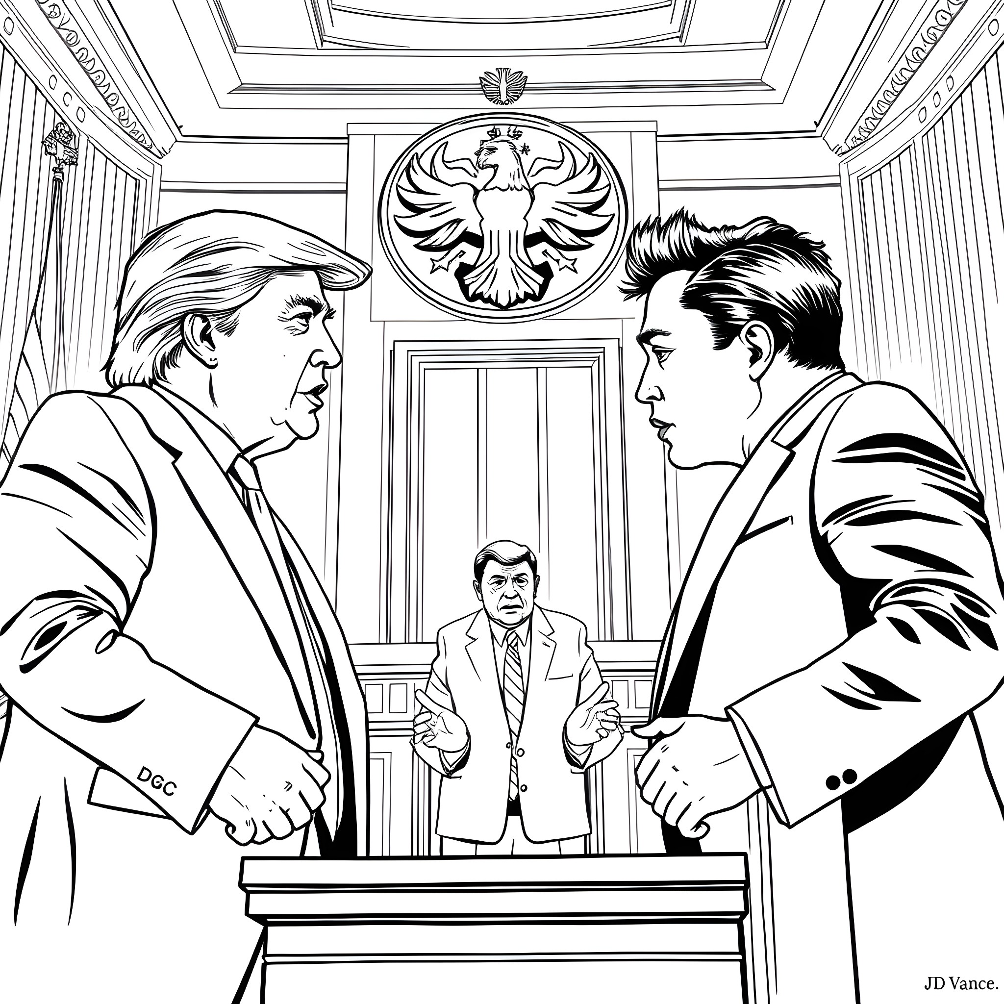 Donald Trump in Heated Political Debate Coloring Page (free black-and-white line drawing printable PDF for all, from beginners to advanced learners, including children, teens, adults, and seniors)