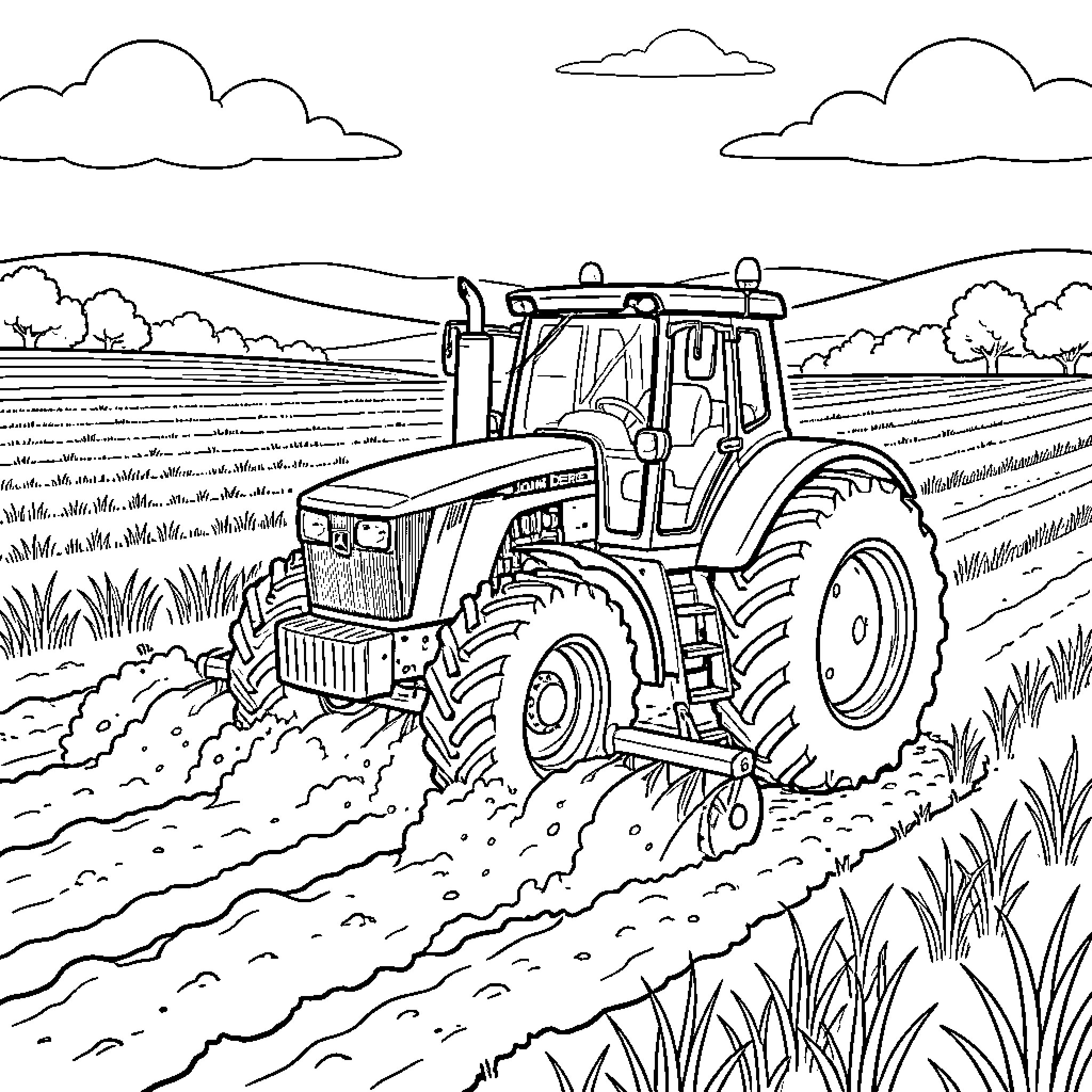 Tracteur working in a vast field under clouds Coloring Page (free black-and-white line drawing printable PDF for all, from beginners to advanced learners, including children, teens, adults, and seniors)