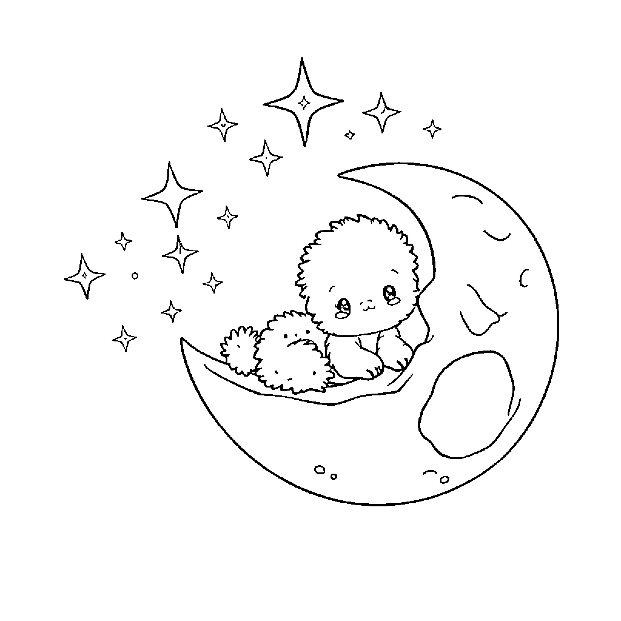 Labubu dreaming sweetly under the starry night Coloring Page (free black-and-white line drawing printable PDF for all, from beginners to advanced learners, including children, teens, adults, and seniors)