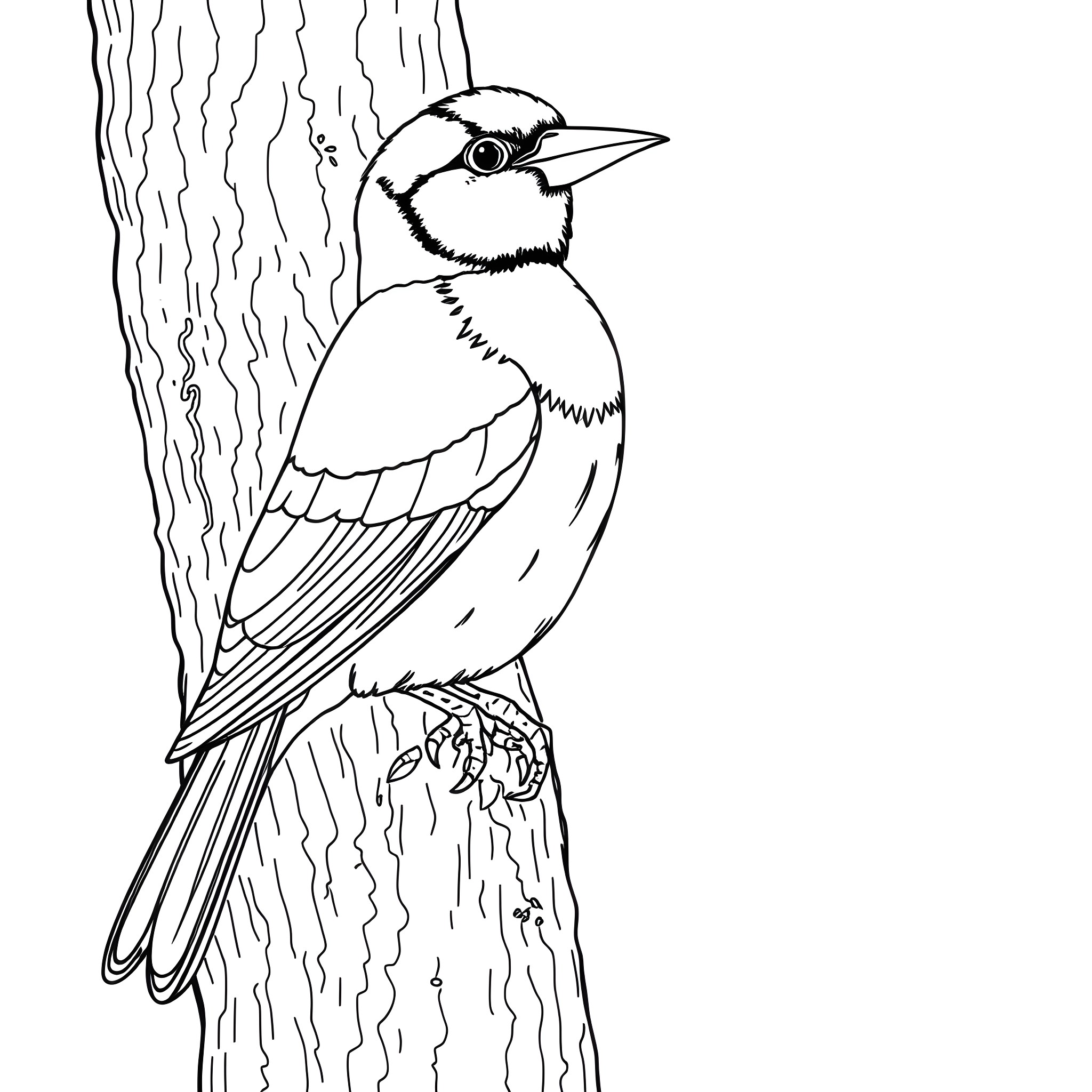 Gouldian Finch perched on tree branch Coloring Page (free black-and-white line drawing printable PDF for all, from beginners to advanced learners, including children, teens, adults, and seniors)