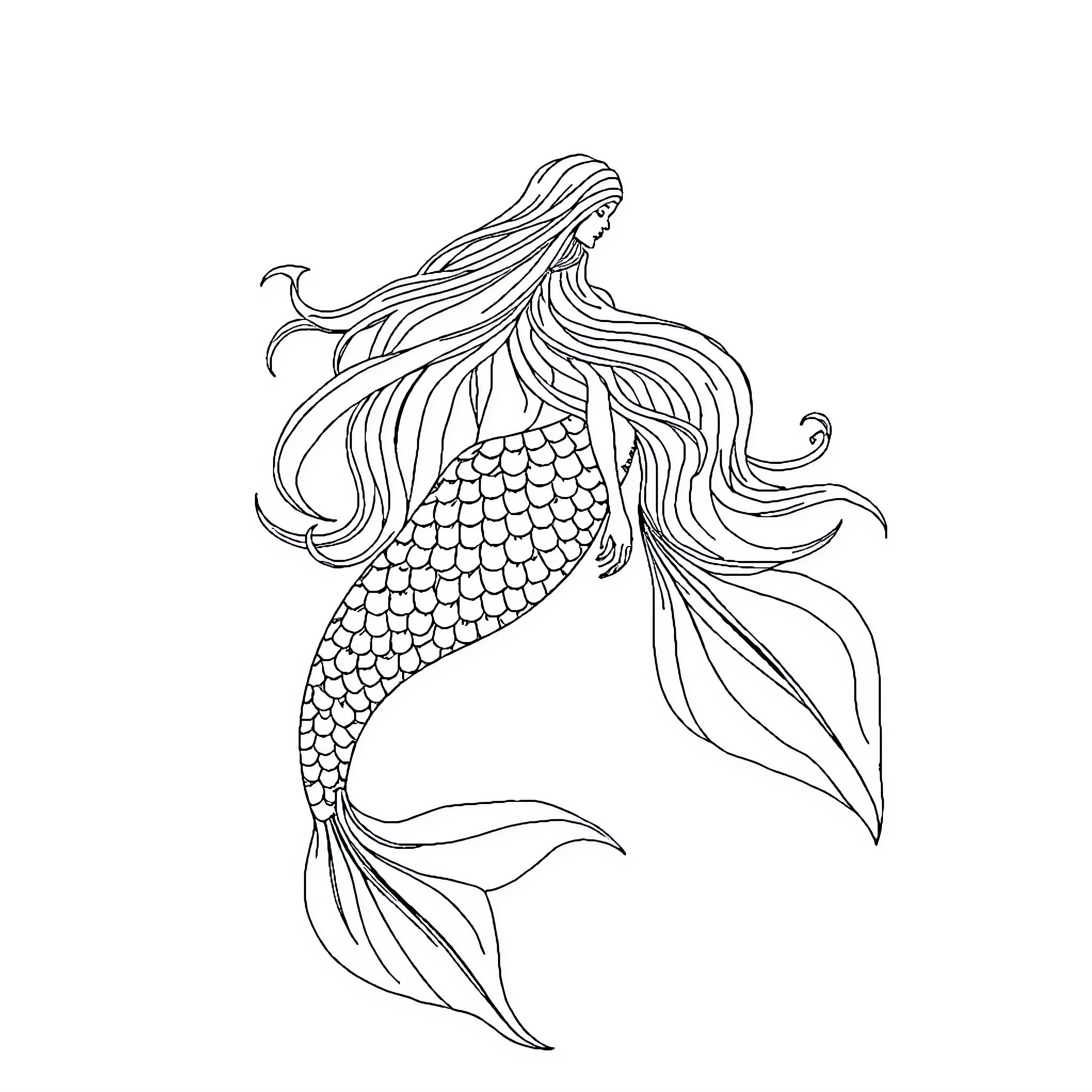 Skye the Graceful Mermaid Coloring Page (free black-and-white line drawing printable PDF for all, from beginners to advanced learners, including children, teens, adults, and seniors)