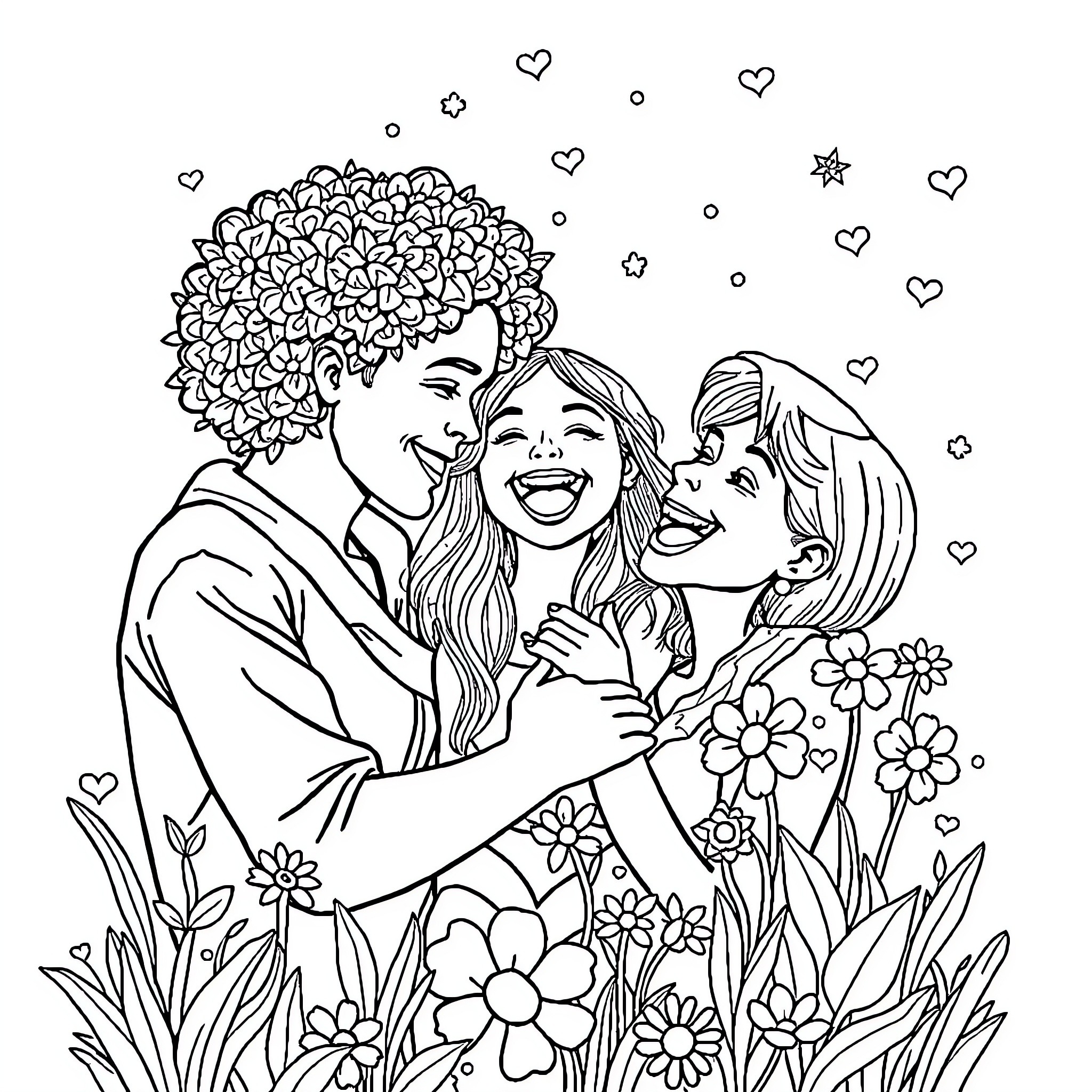 Life of Loving Family Embracing in Floral Garden Coloring Page (free black-and-white line drawing printable PDF for all, from beginners to advanced learners, including children, teens, adults, and seniors)