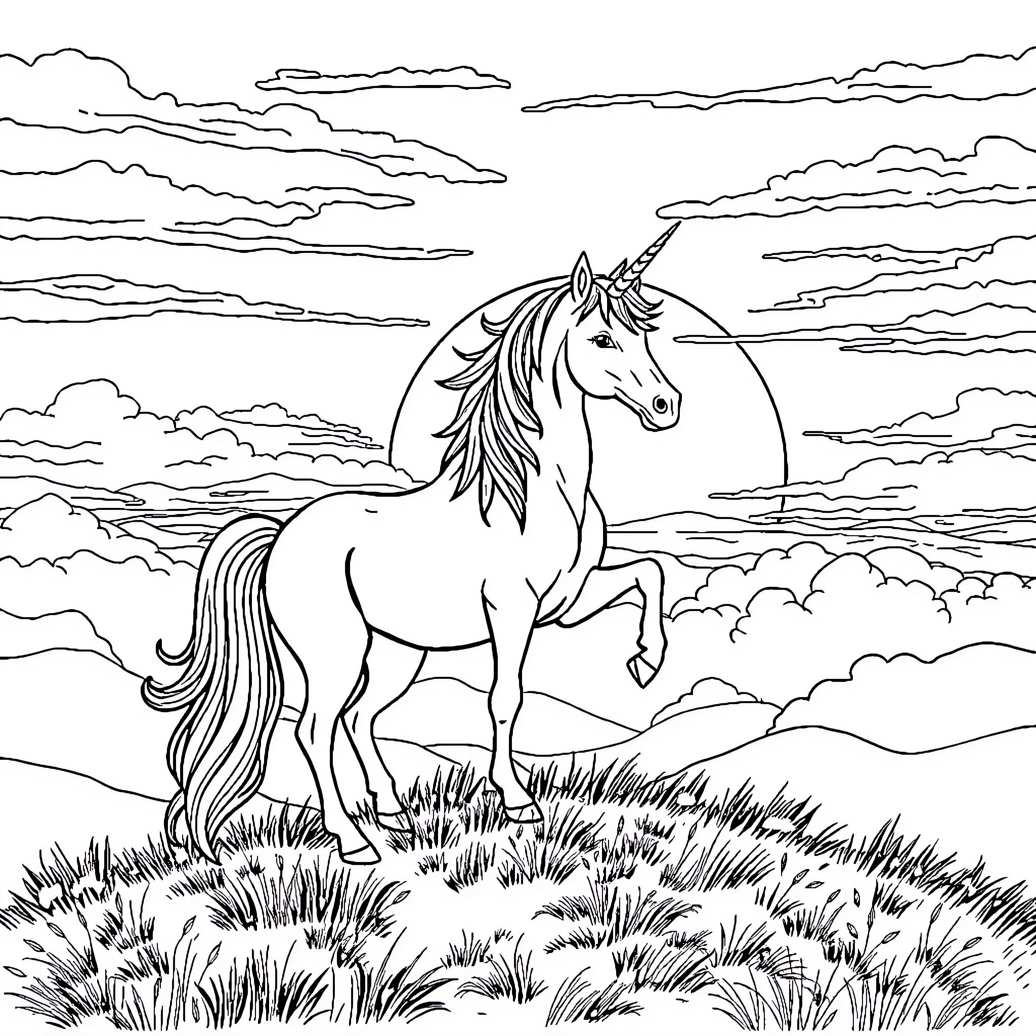 Unicorn galloping through a dreamlike landscape Coloring Page (free black-and-white line drawing printable PDF for all, from beginners to advanced learners, including children, teens, adults, and seniors)