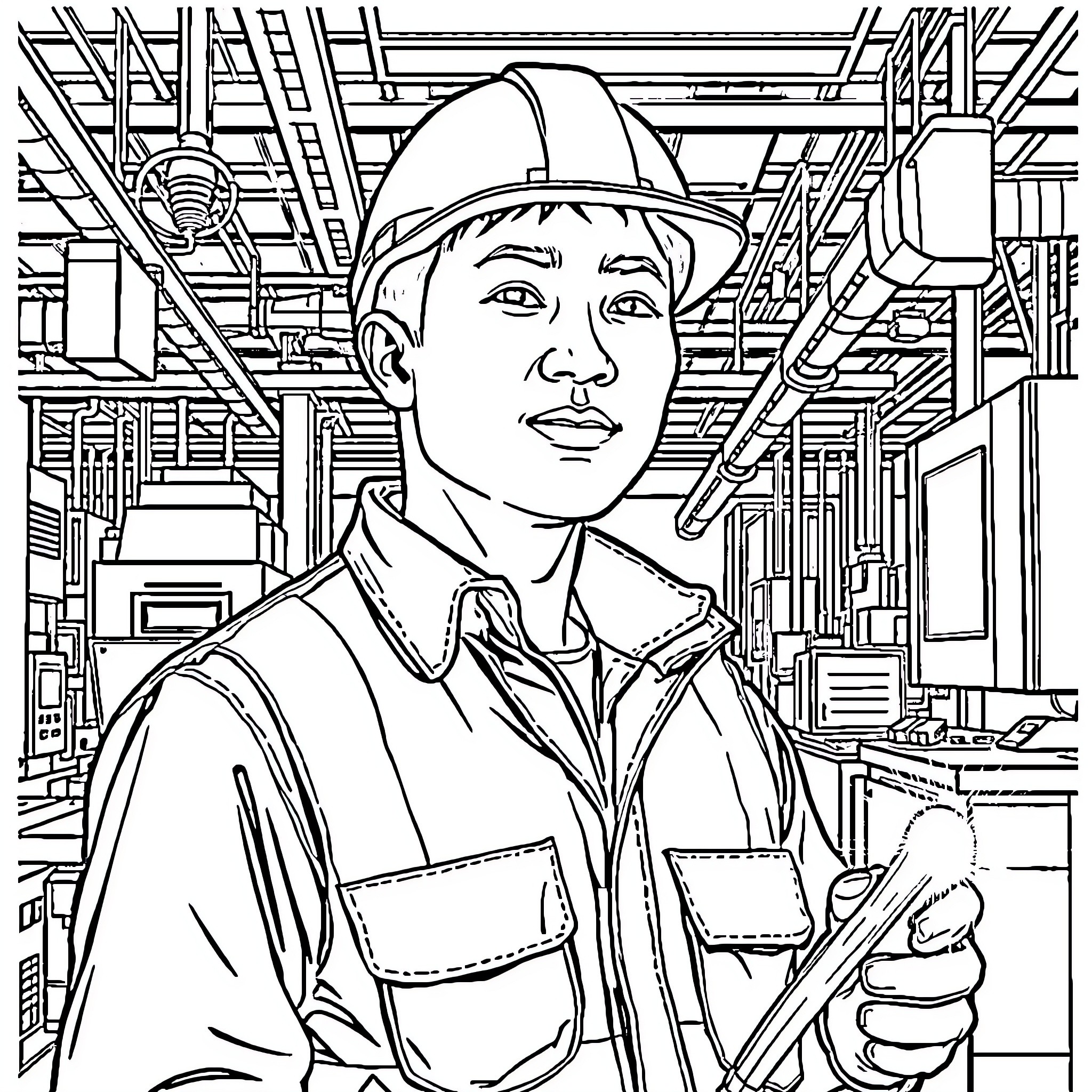 Guy in Hardhat Working at an Industrial Site Coloring Page (free black-and-white line drawing printable PDF for all, from beginners to advanced learners, including children, teens, adults, and seniors)