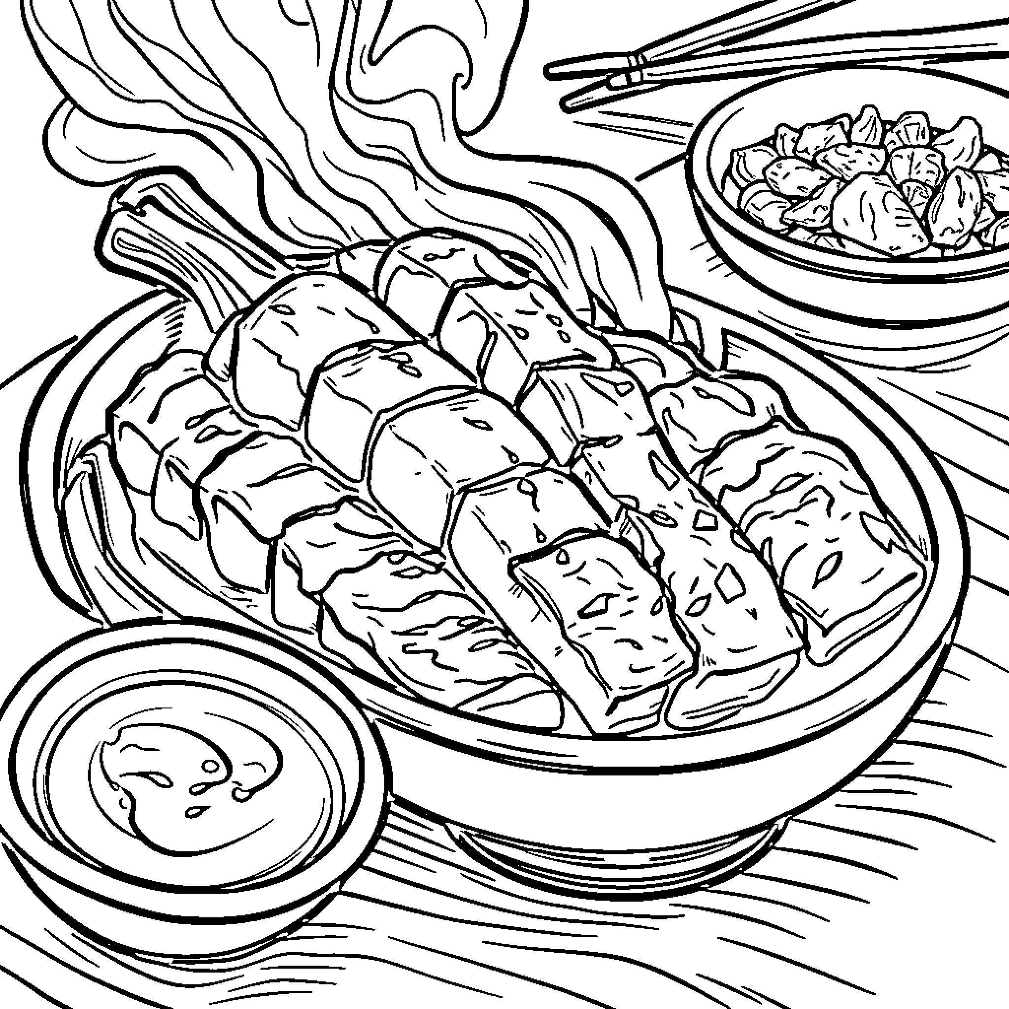 Moo Deng Delightful Dish of Grilled Meats Coloring Page (free black-and-white line drawing printable PDF for all, from beginners to advanced learners, including children, teens, adults, and seniors)