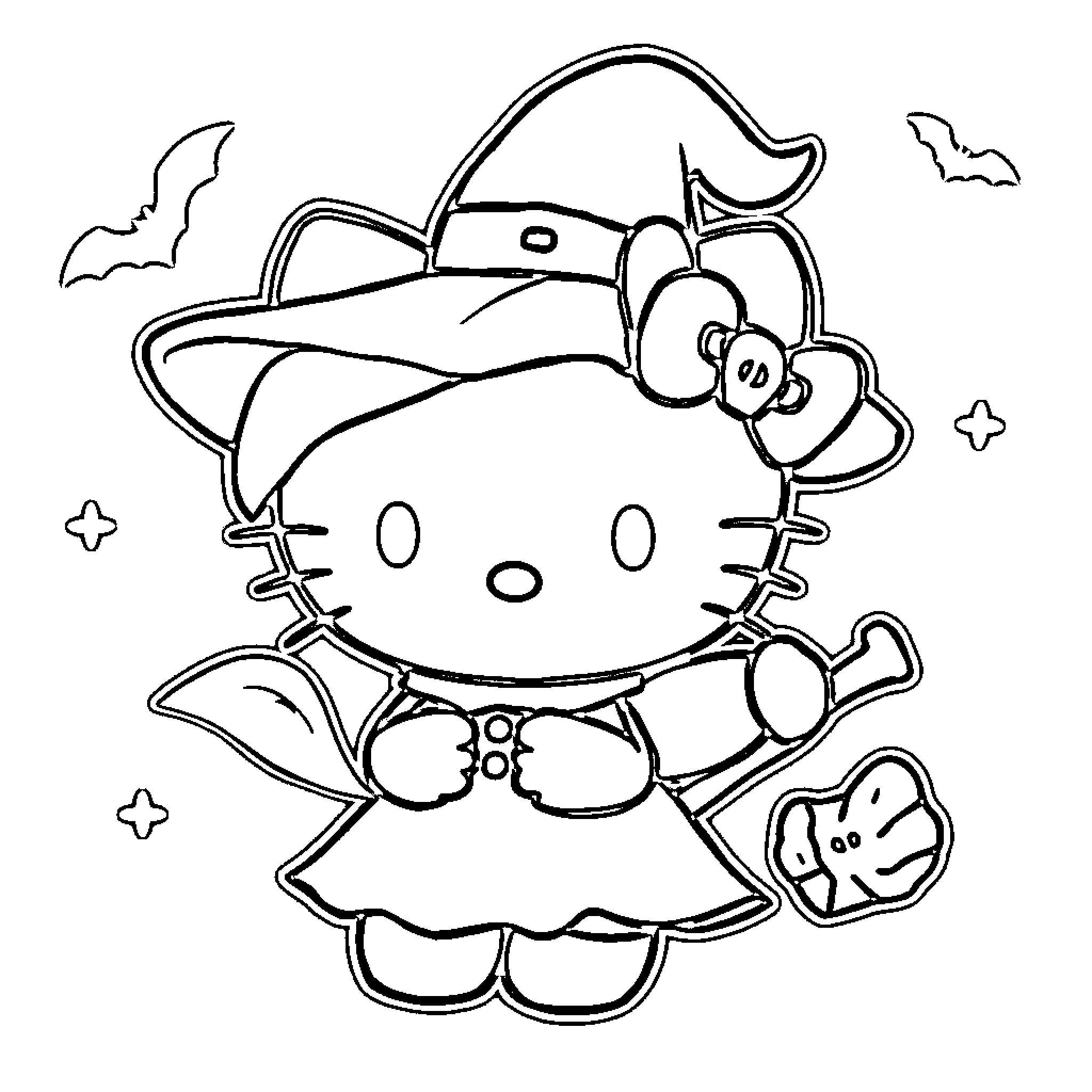 Hello Kitty as a Friendly Pirate Coloring Page (free black-and-white line drawing printable PDF for all, from beginners to advanced learners, including children, teens, adults, and seniors)