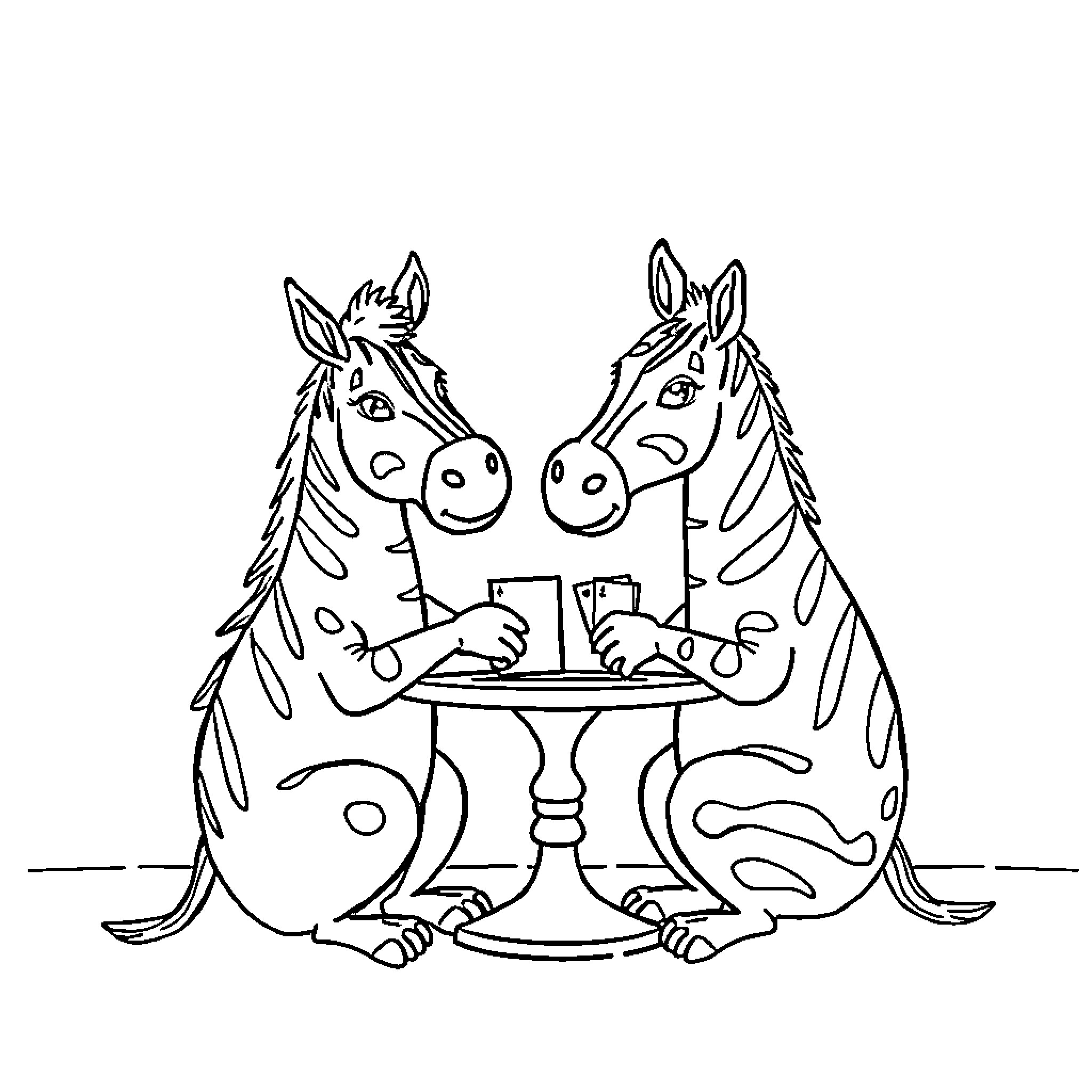 Capybara Zebras Enjoying a Meal Together Coloring Page (free black-and-white line drawing printable PDF for all, from beginners to advanced learners, including children, teens, adults, and seniors)