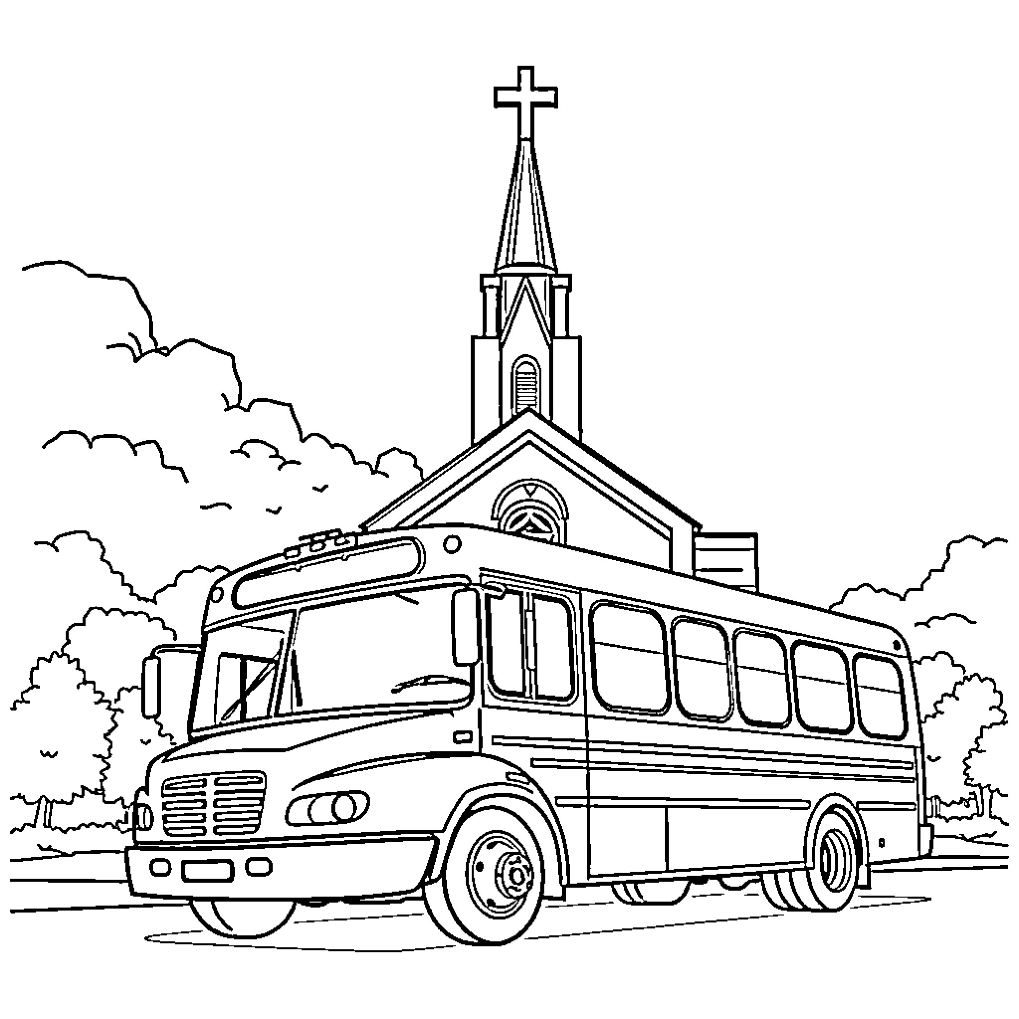 Bus transporting parishioners to church Coloring Page (free black-and-white line drawing printable PDF for all, from beginners to advanced learners, including children, teens, adults, and seniors)