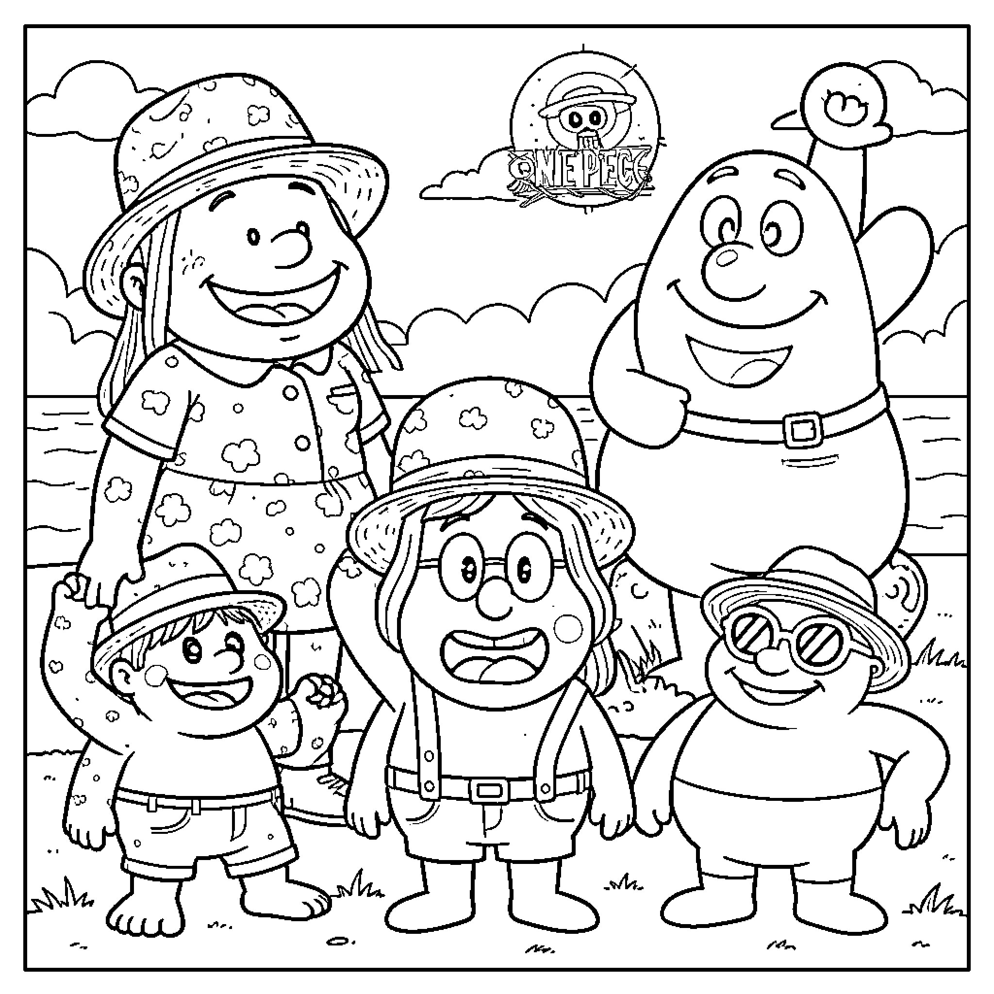 One Piece Group Outdoor Adventure Coloring Page (free black-and-white line drawing printable PDF for all, from beginners to advanced learners, including children, teens, adults, and seniors)