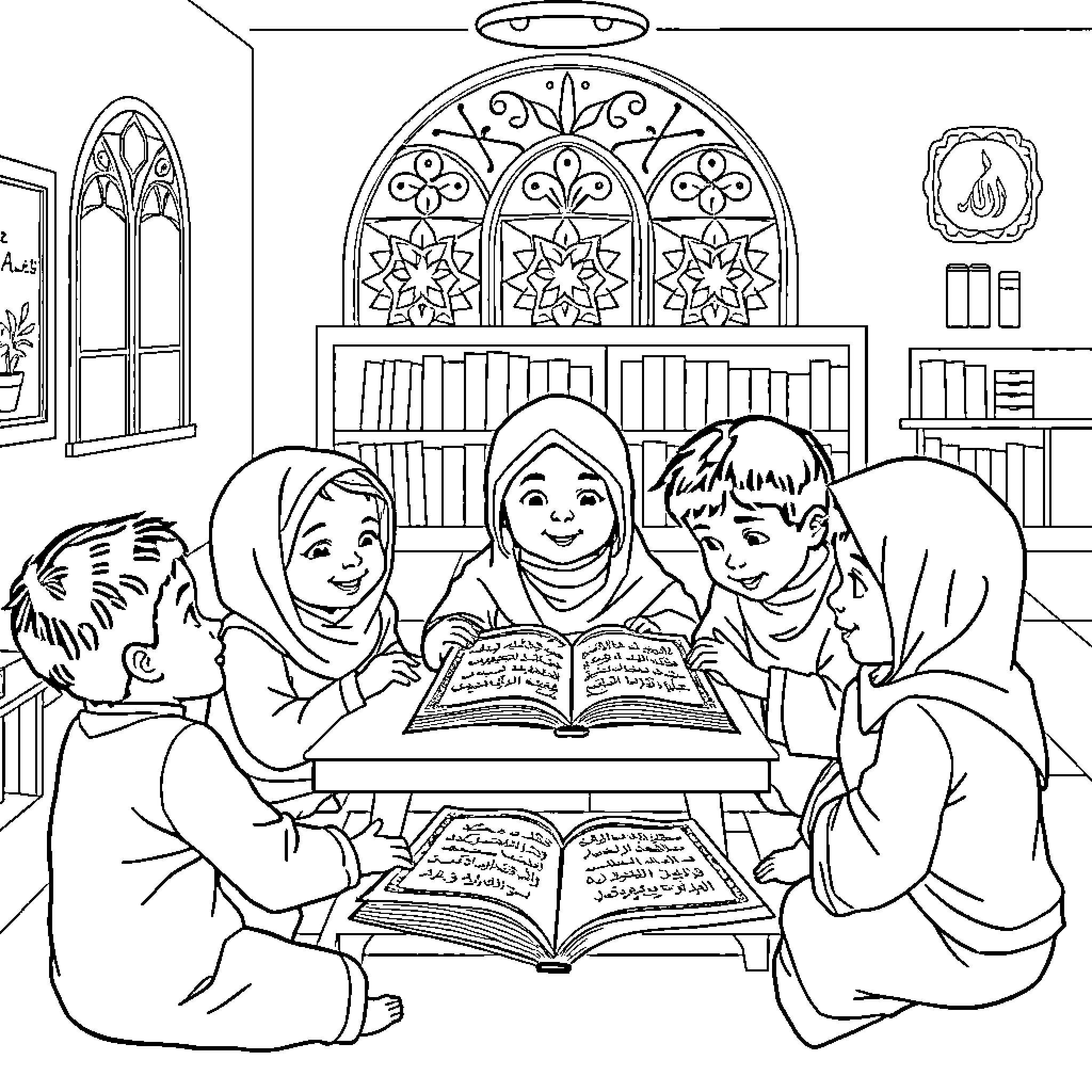 Kid reading books together in library Coloring Page (free black-and-white line drawing printable PDF for all, from beginners to advanced learners, including children, teens, adults, and seniors)
