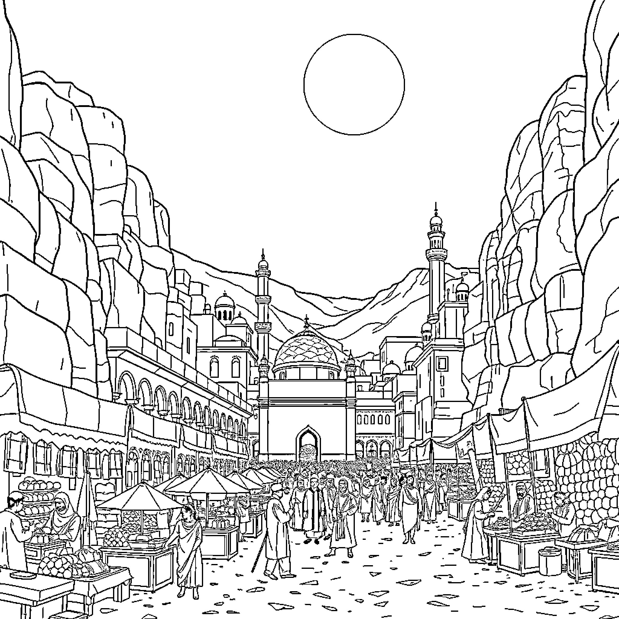 Mecca: A Bustling Pilgrimage Site in the Mountains Coloring Page (free black-and-white line drawing printable PDF for all, from beginners to advanced learners, including children, teens, adults, and seniors)