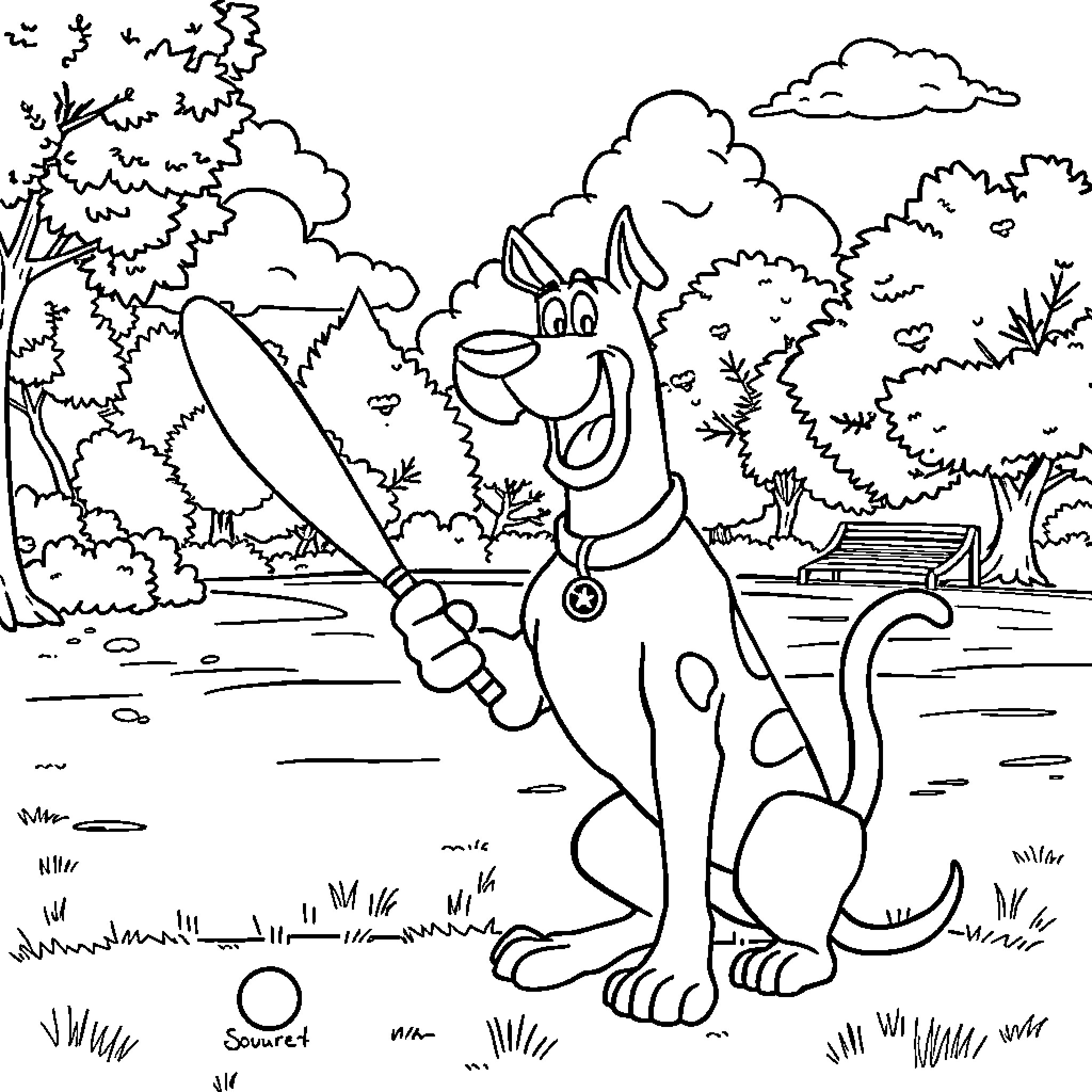 Scooby Doo having fun in the park Coloring Page (free black-and-white line drawing printable PDF for all, from beginners to advanced learners, including children, teens, adults, and seniors)