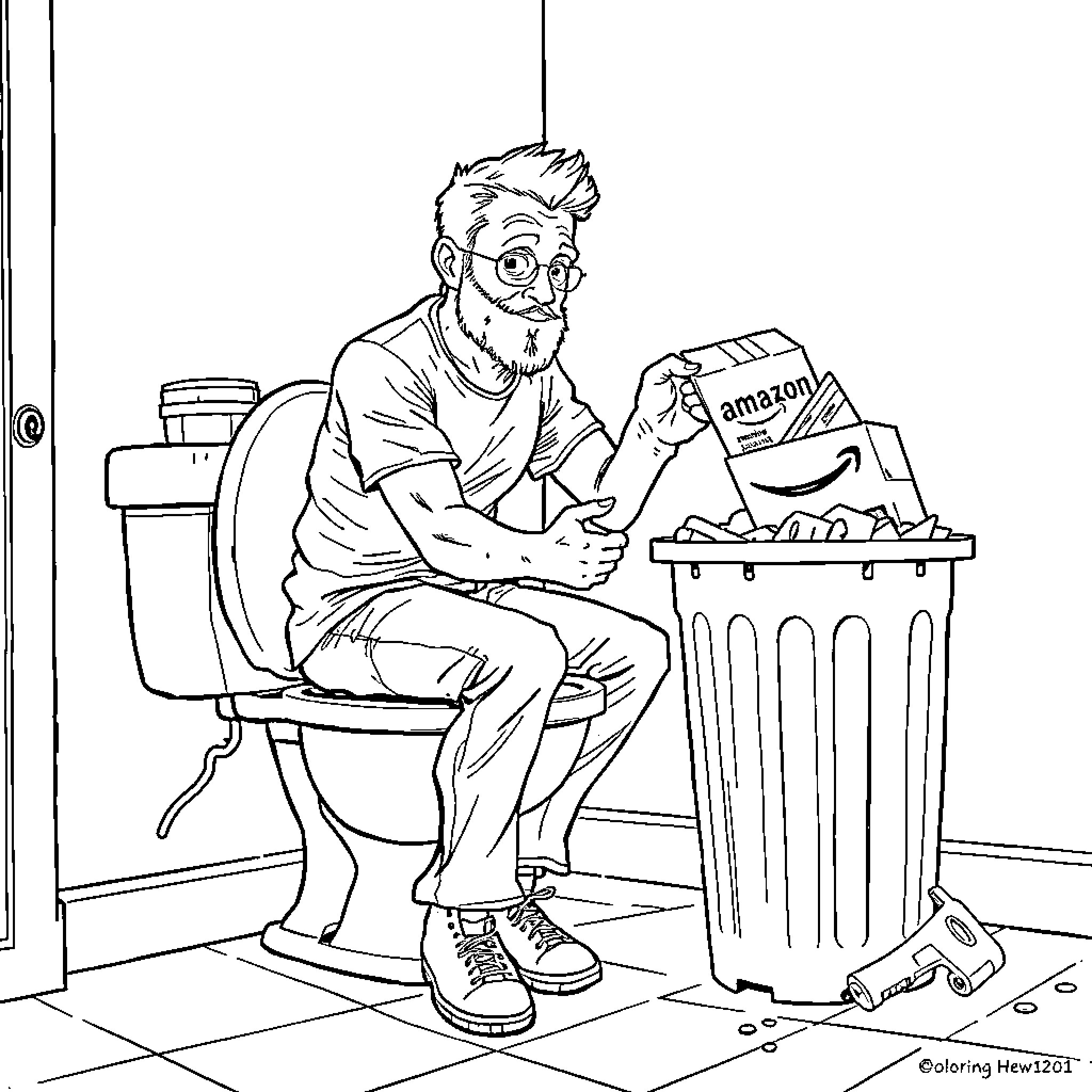 Jeff Basso Unboxing Amazon Packages in Home Office Coloring Page (free black-and-white line drawing printable PDF for all, from beginners to advanced learners, including children, teens, adults, and seniors)