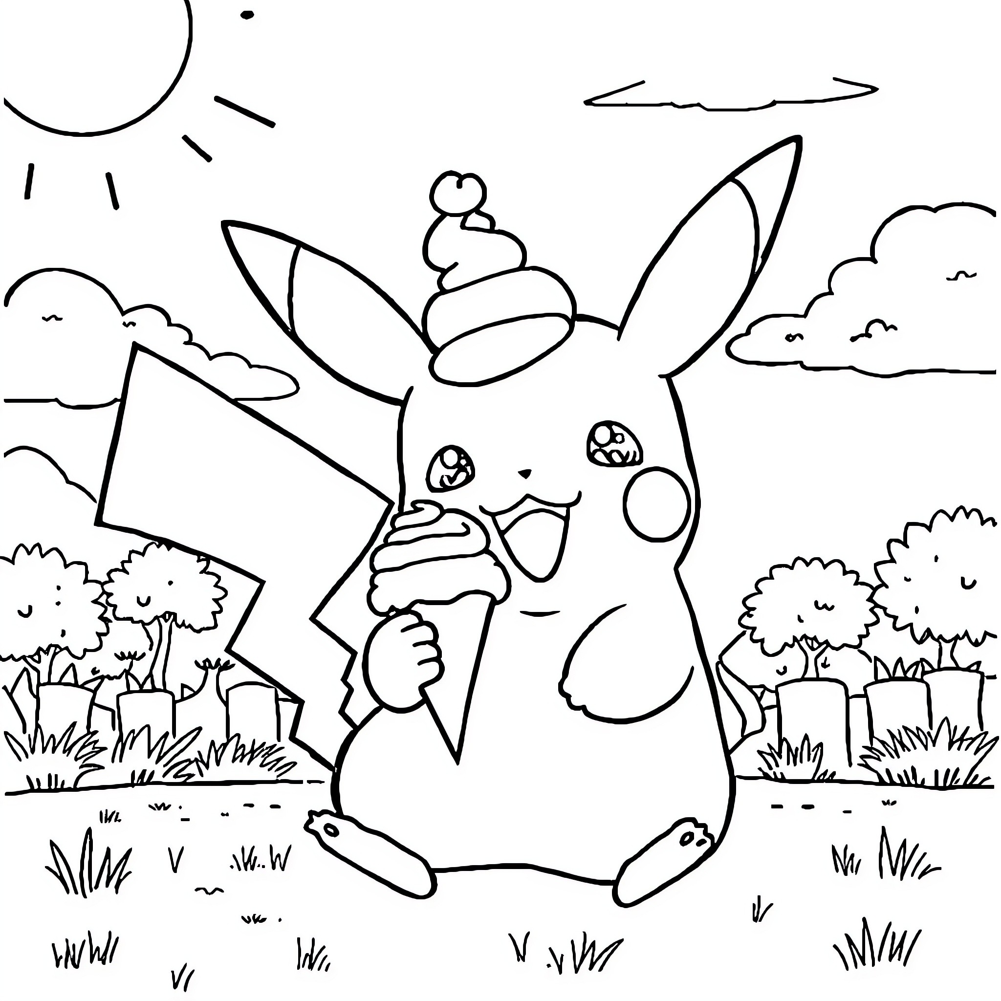 Pikachu enjoying a snack in the outdoor scene Coloring Page (free black-and-white line drawing printable PDF for all, from beginners to advanced learners, including children, teens, adults, and seniors)