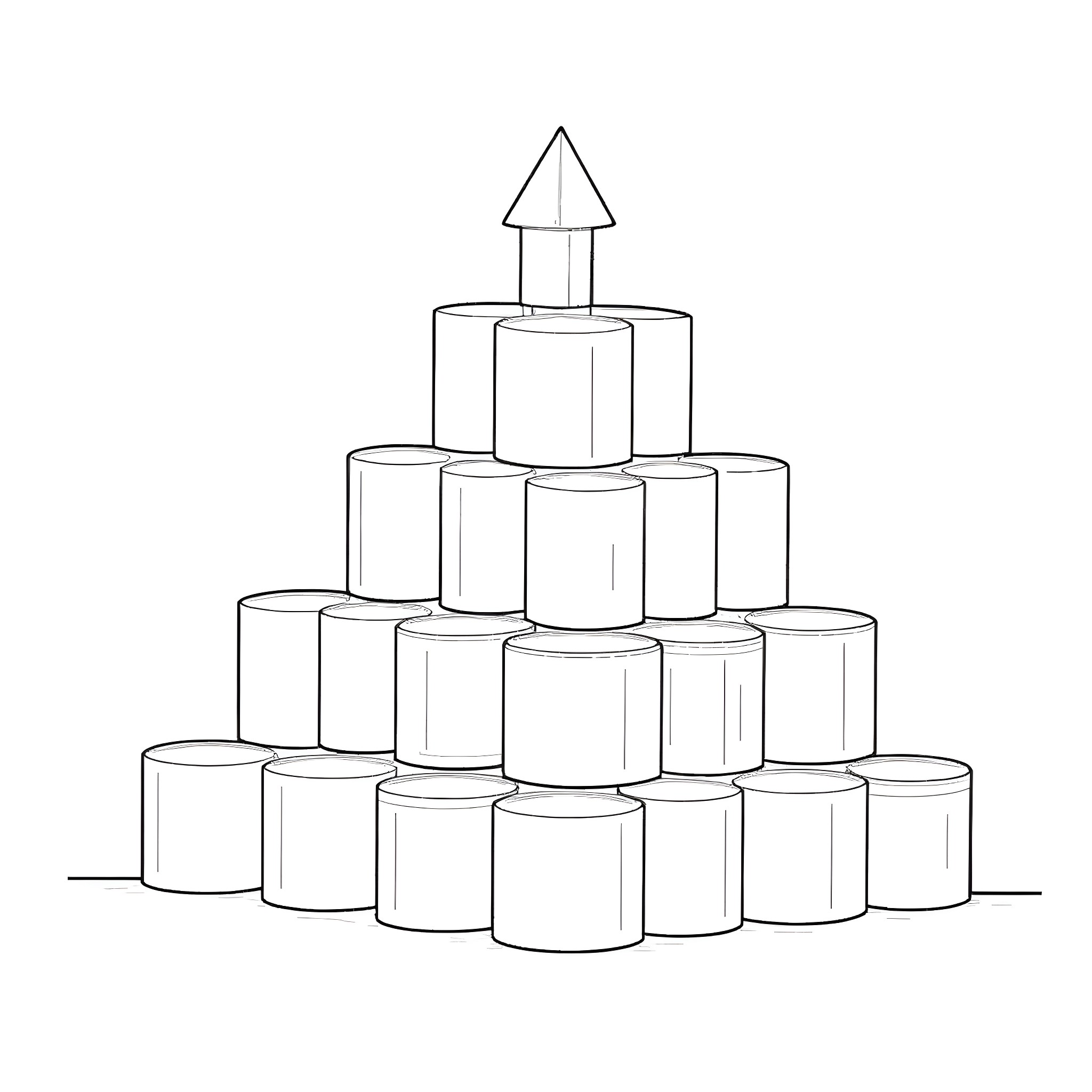 Cylinder blocks stacked in a pyramid shape Coloring Page (free black-and-white line drawing printable PDF for all, from beginners to advanced learners, including children, teens, adults, and seniors)