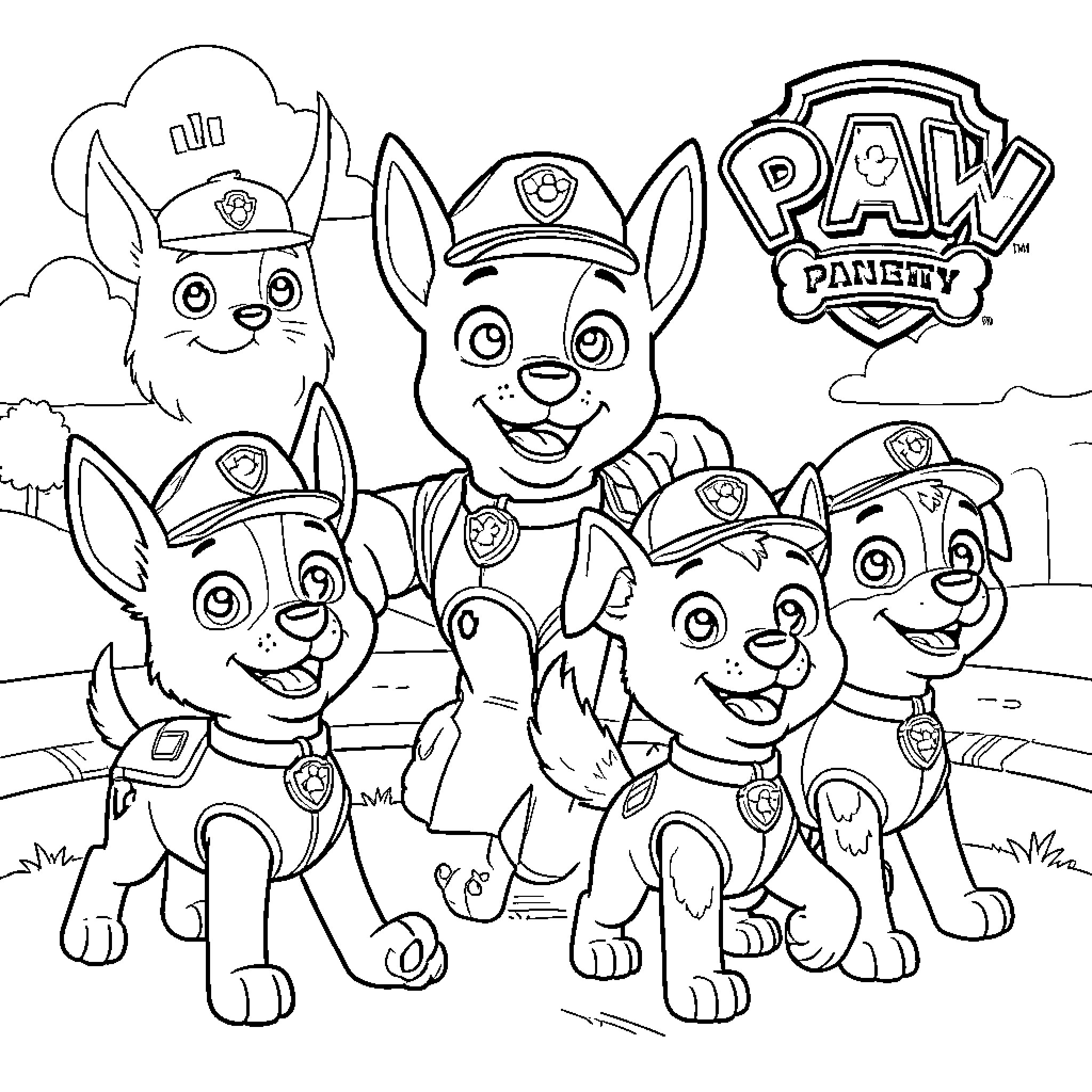 Paw Patrol team in action poses Coloring Page (free black-and-white line drawing printable PDF for all, from beginners to advanced learners, including children, teens, adults, and seniors)