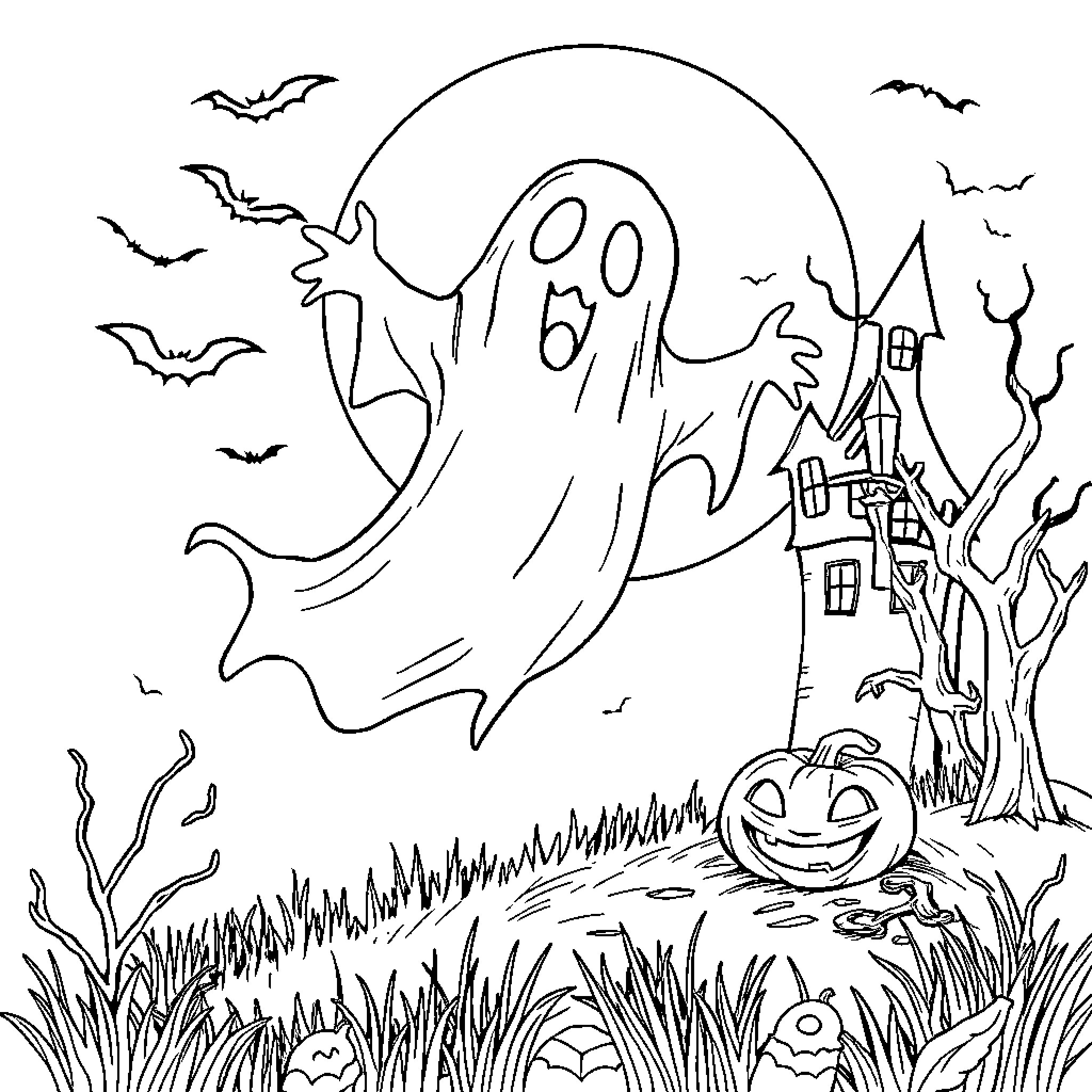 Ghost Haunting a Spooky Halloween Scene Coloring Page (free black-and-white line drawing printable PDF for all, from beginners to advanced learners, including children, teens, adults, and seniors)