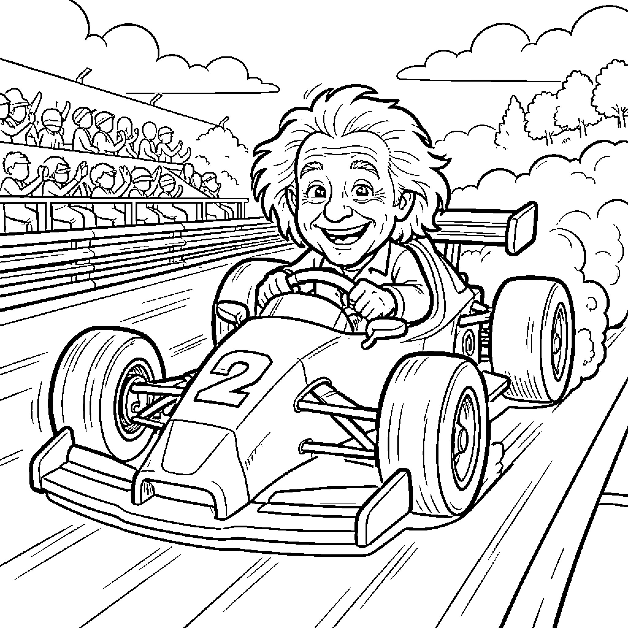 Albert Einstein racing in a Formula 1 car Coloring Page (free black-and-white line drawing printable PDF for all, from beginners to advanced learners, including children, teens, adults, and seniors)