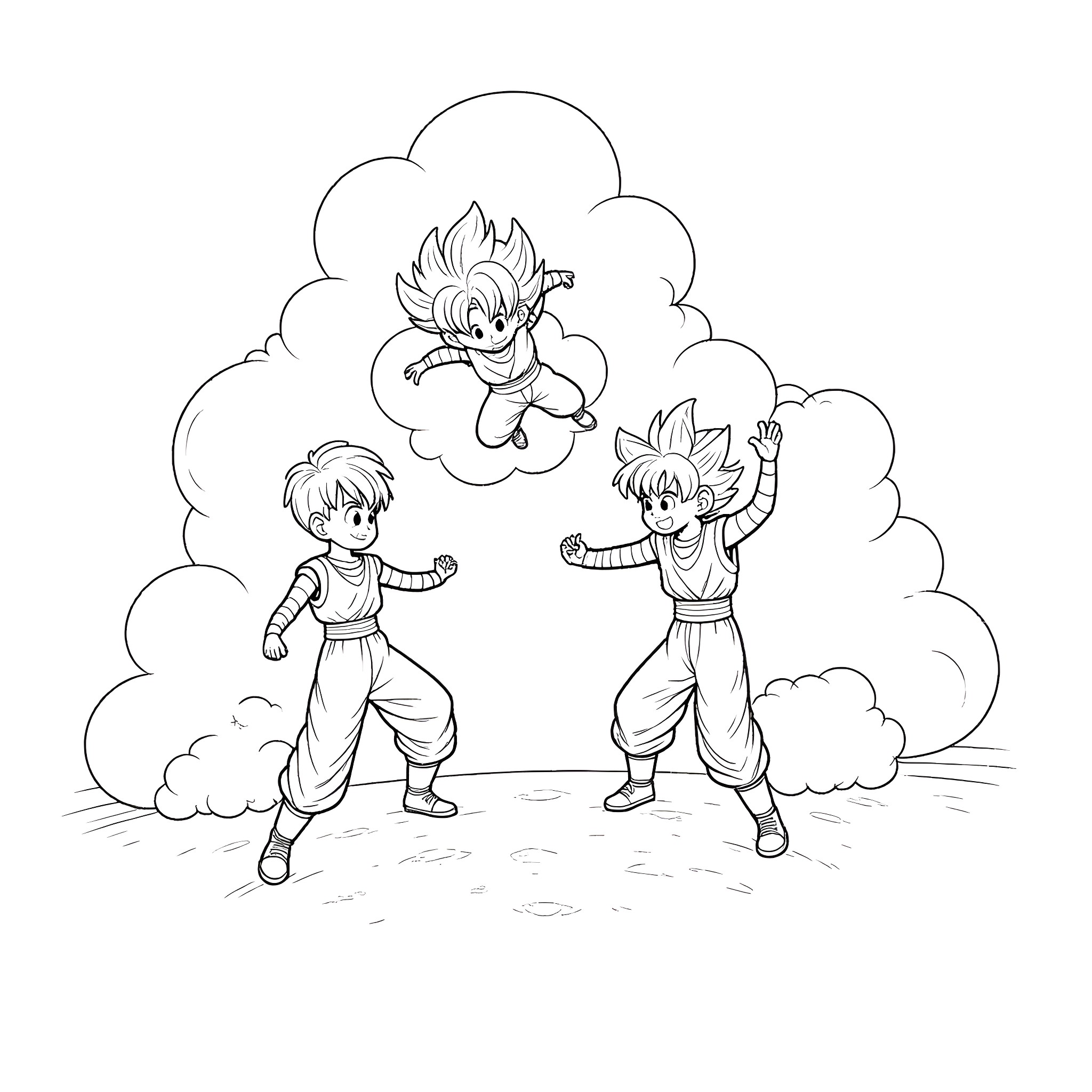 Goten and friends in playful anime style Coloring Page (free black-and-white line drawing printable PDF for all, from beginners to advanced learners, including children, teens, adults, and seniors)
