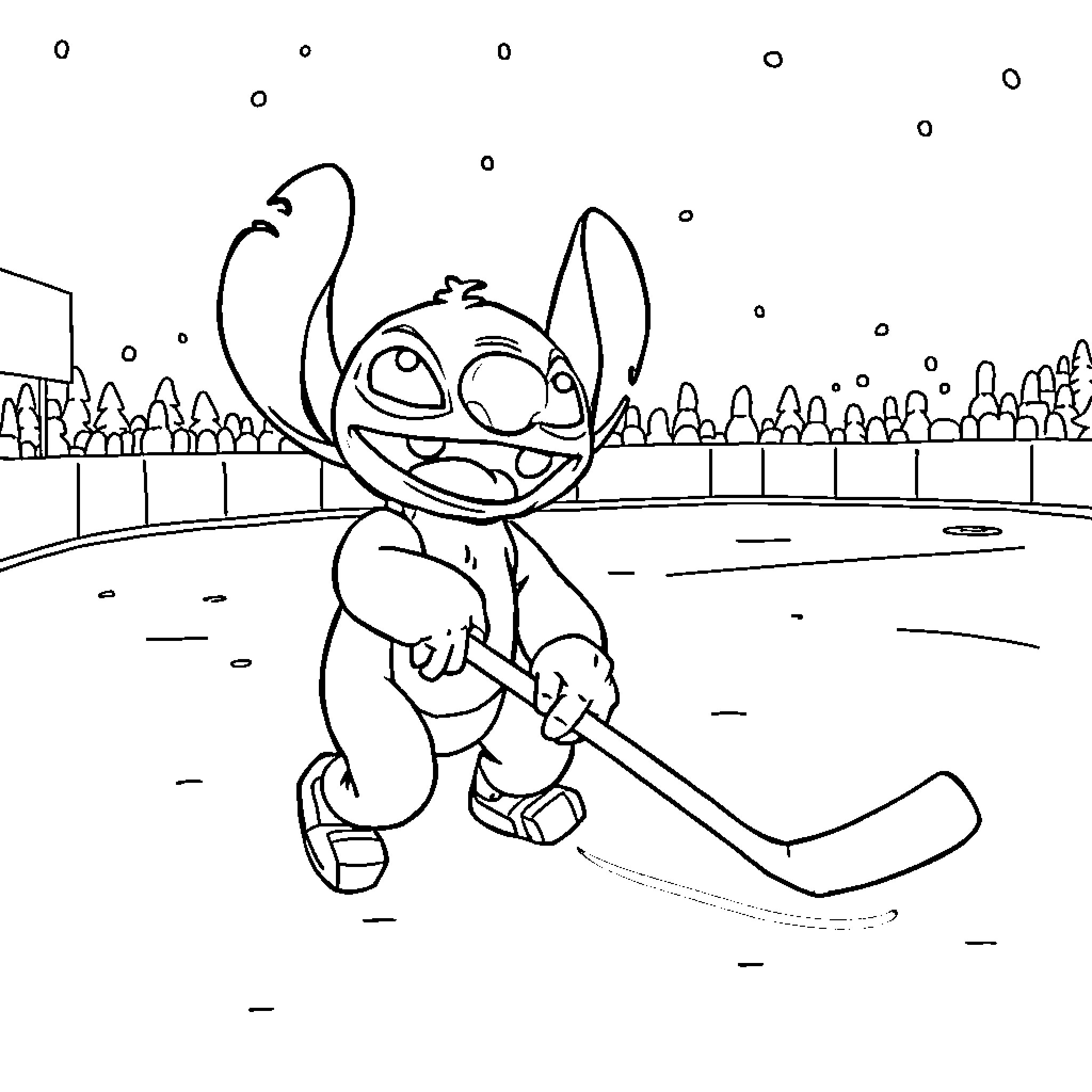 Stitch playing hockey on the ice rink Coloring Page (free black-and-white line drawing printable PDF for all, from beginners to advanced learners, including children, teens, adults, and seniors)