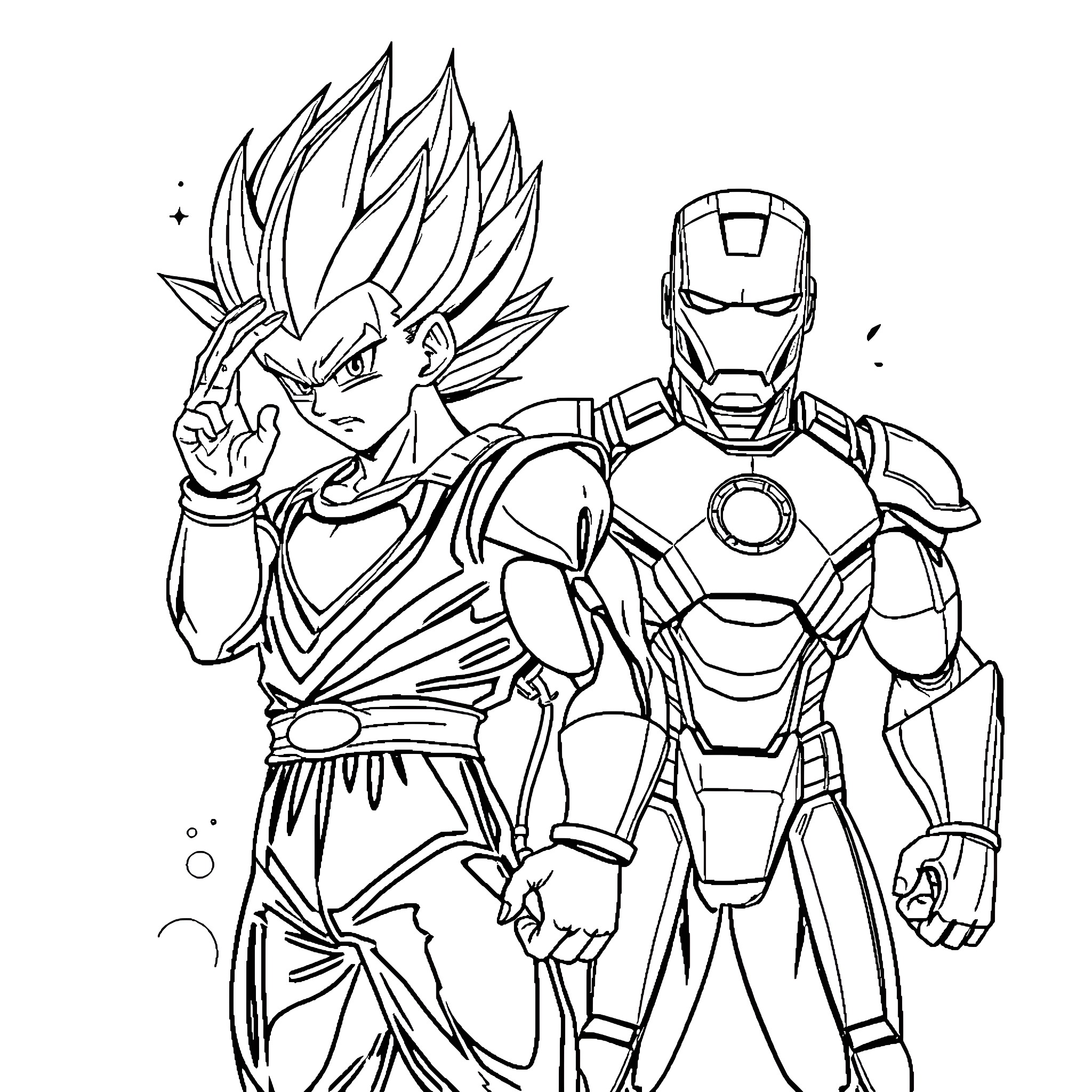 Vegeta and Iron Man in an epic encounter Coloring Page (free black-and-white line drawing printable PDF for all, from beginners to advanced learners, including children, teens, adults, and seniors)