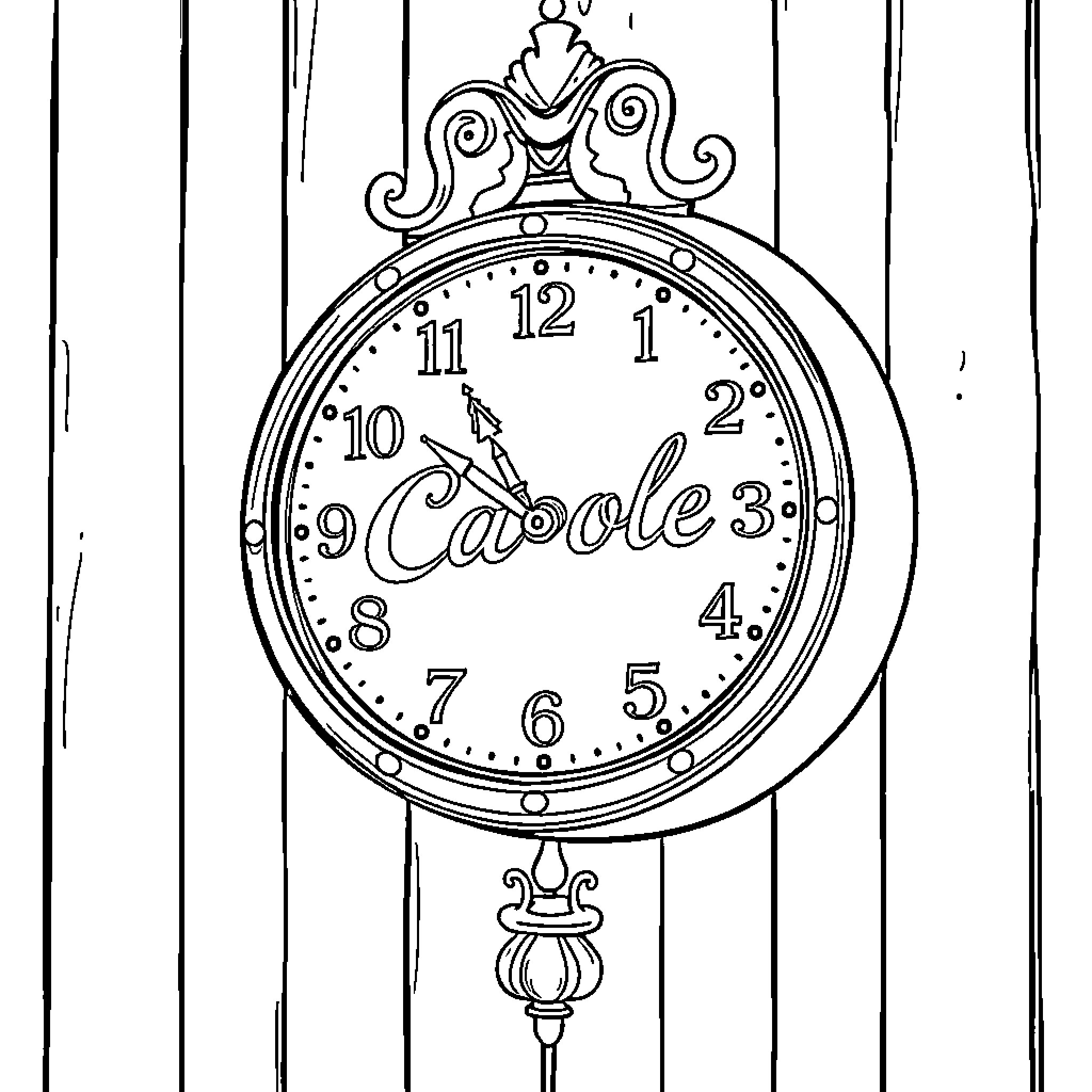 Clock with Intricate Design on Wooden Background Coloring Page (free black-and-white line drawing printable PDF for all, from beginners to advanced learners, including children, teens, adults, and seniors)
