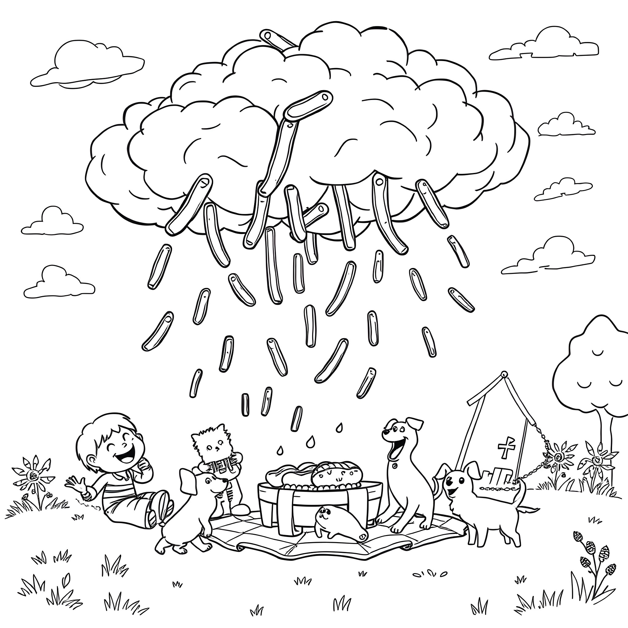 Hotdog picnic under a rainy storm cloud Coloring Page (free black-and-white line drawing printable PDF for all, from beginners to advanced learners, including children, teens, adults, and seniors)