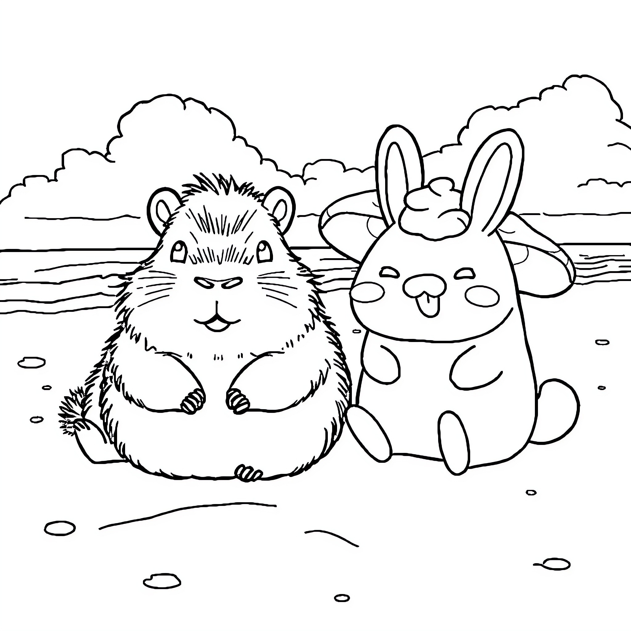 Capybara and Rabbit Playing on the Beach Coloring Page (free black-and-white line drawing printable PDF for all, from beginners to advanced learners, including children, teens, adults, and seniors)