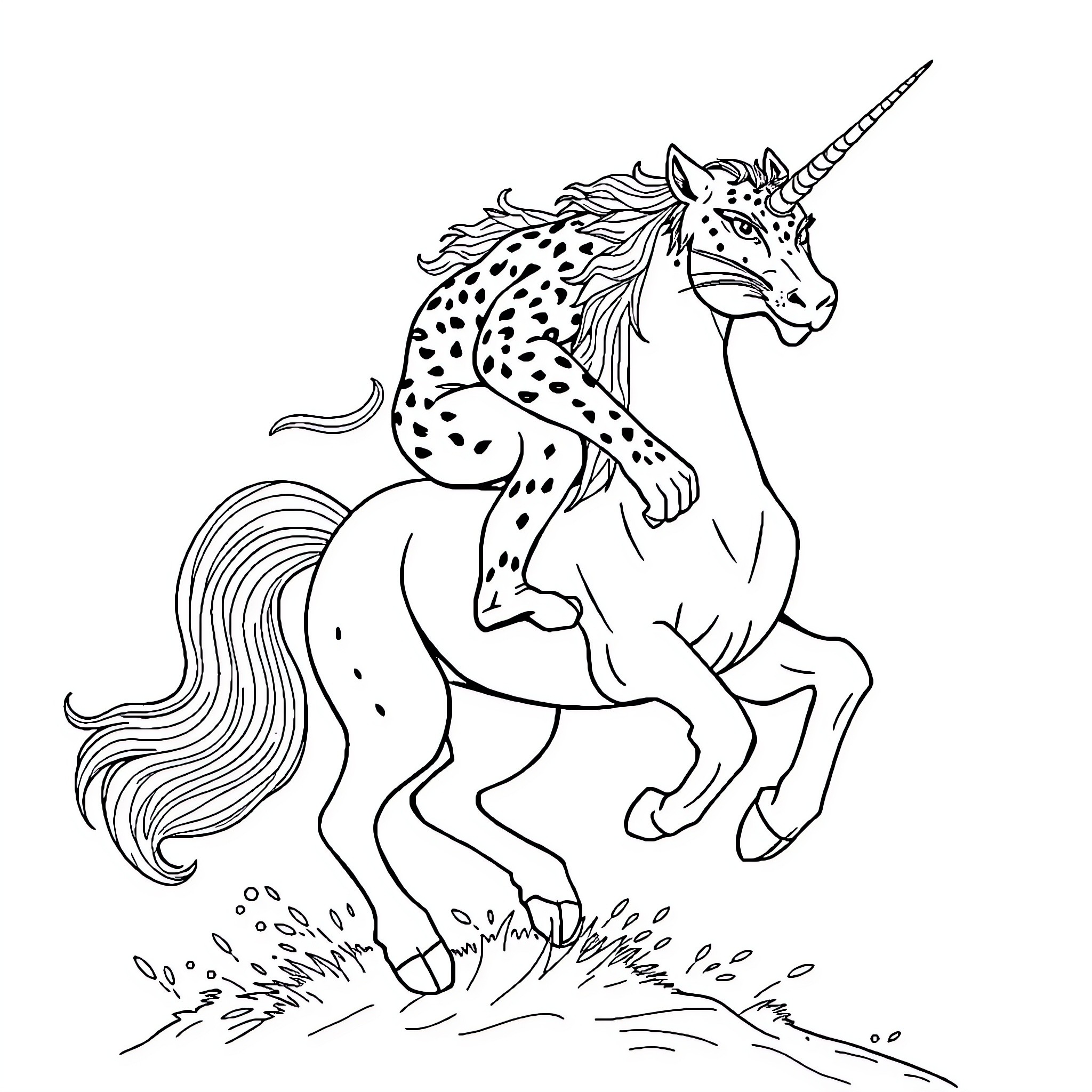Cougar Unicorn Galloping Gracefully Coloring Page (free black-and-white line drawing printable PDF for all, from beginners to advanced learners, including children, teens, adults, and seniors)