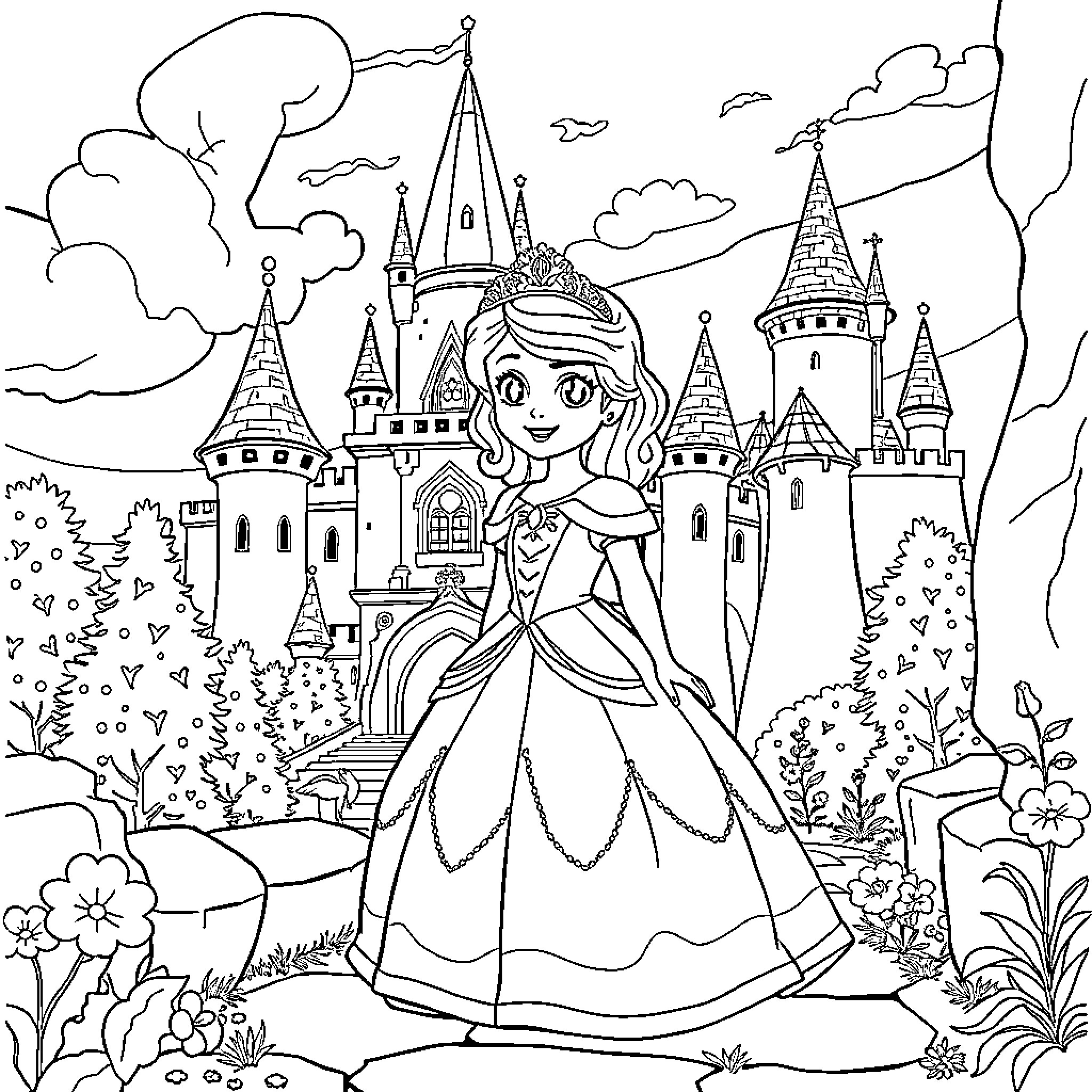 Sofia exploring the enchanting castle gardens Coloring Page (free black-and-white line drawing printable PDF for all, from beginners to advanced learners, including children, teens, adults, and seniors)