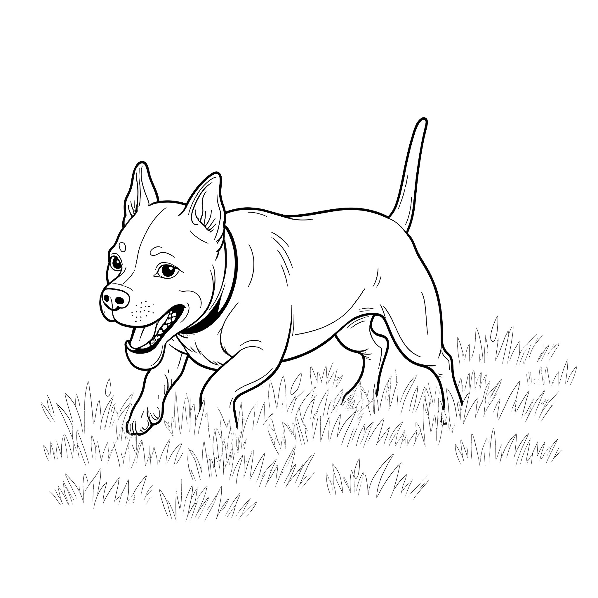 Pitbull running happily through the grass Coloring Page (free black-and-white line drawing printable PDF for all, from beginners to advanced learners, including children, teens, adults, and seniors)