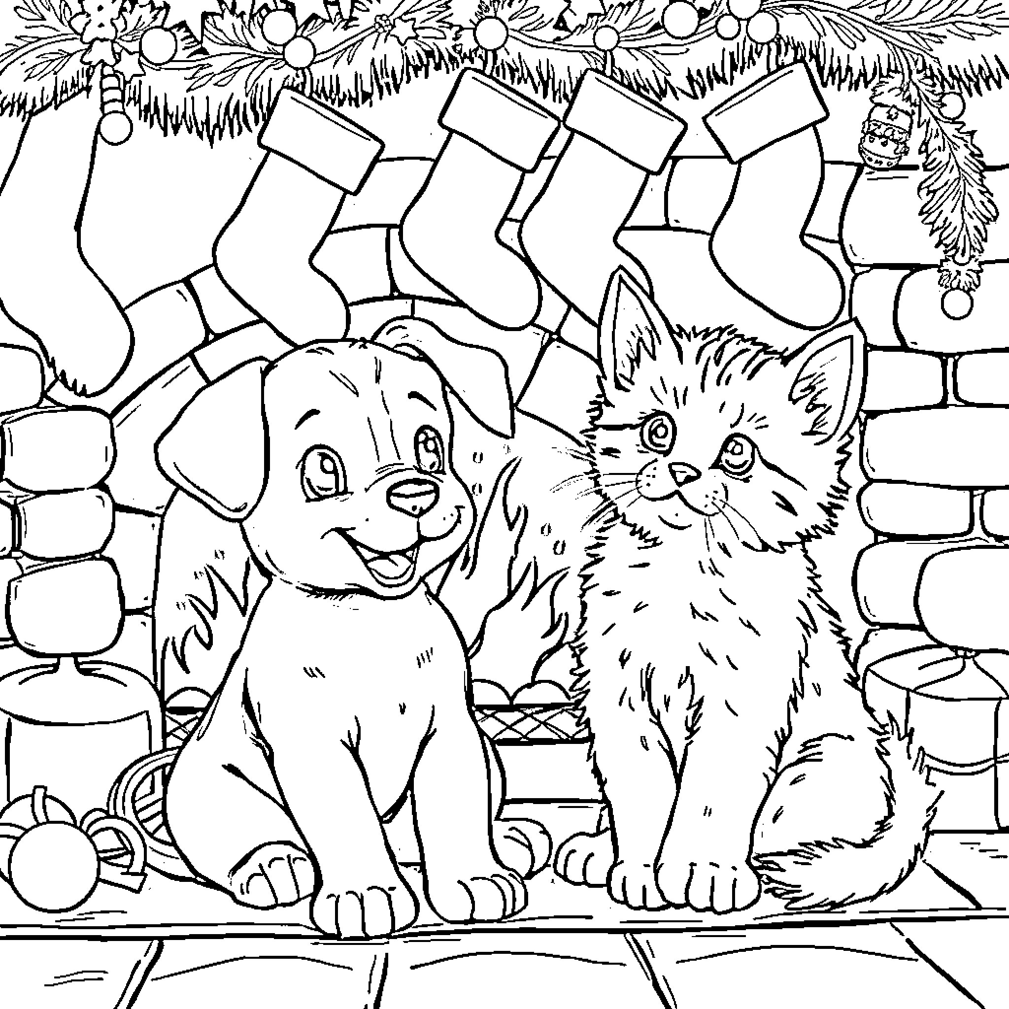 Puppy and Kitten Enjoying Christmas Stockings Coloring Page (free black-and-white line drawing printable PDF for all, from beginners to advanced learners, including children, teens, adults, and seniors)